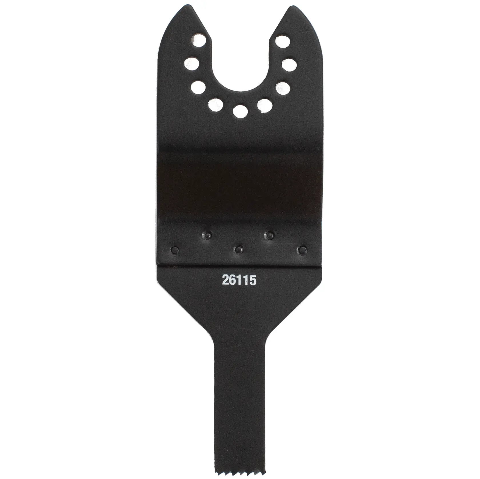 STANLEY STA26115 oszillierendes Multitool-Sägeblatt mit schwarzer Oberfläche, auf weißem Hintergrund fotografiert, Zahnung sichtbar.