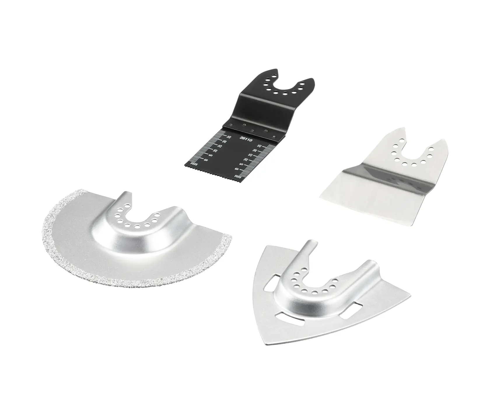 STANLEY STA26160 Oszillierendes Multifunktionswerkzeug-Zubehörset, vier silberne und schwarze Klingen, schräge Aufnahme.