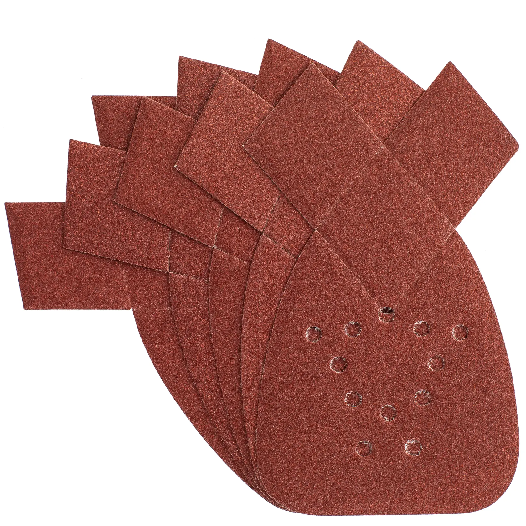 STANLEY STA31009 Schleifpapier-Set, braun, fächerförmig angeordnet, Produktfotografie auf weißem Hintergrund.