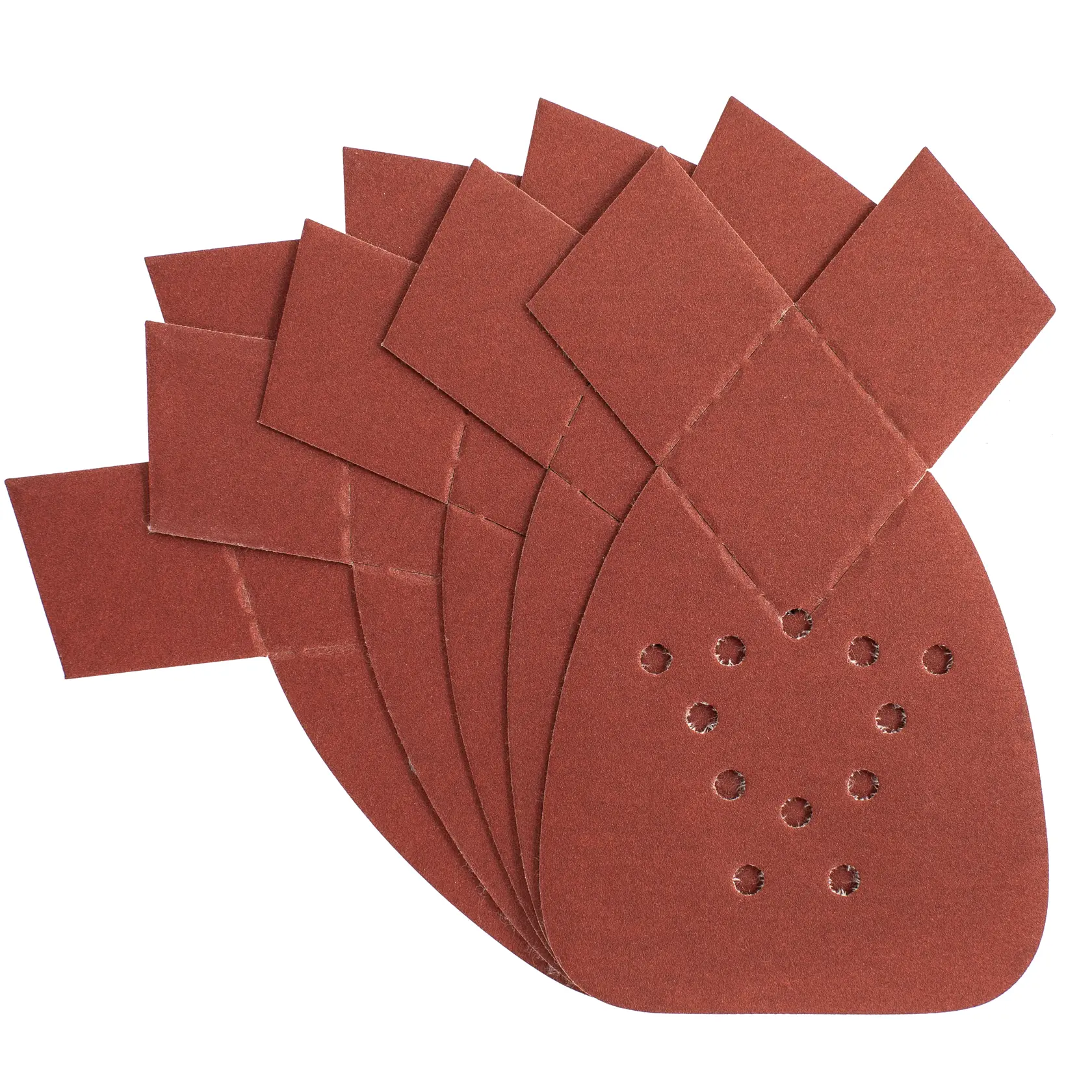STANLEY STA31019 Mehrfachpack Schleifblätter mit Belüftungslöchern, braun, fächerförmig, Draufsicht, Fotografie.