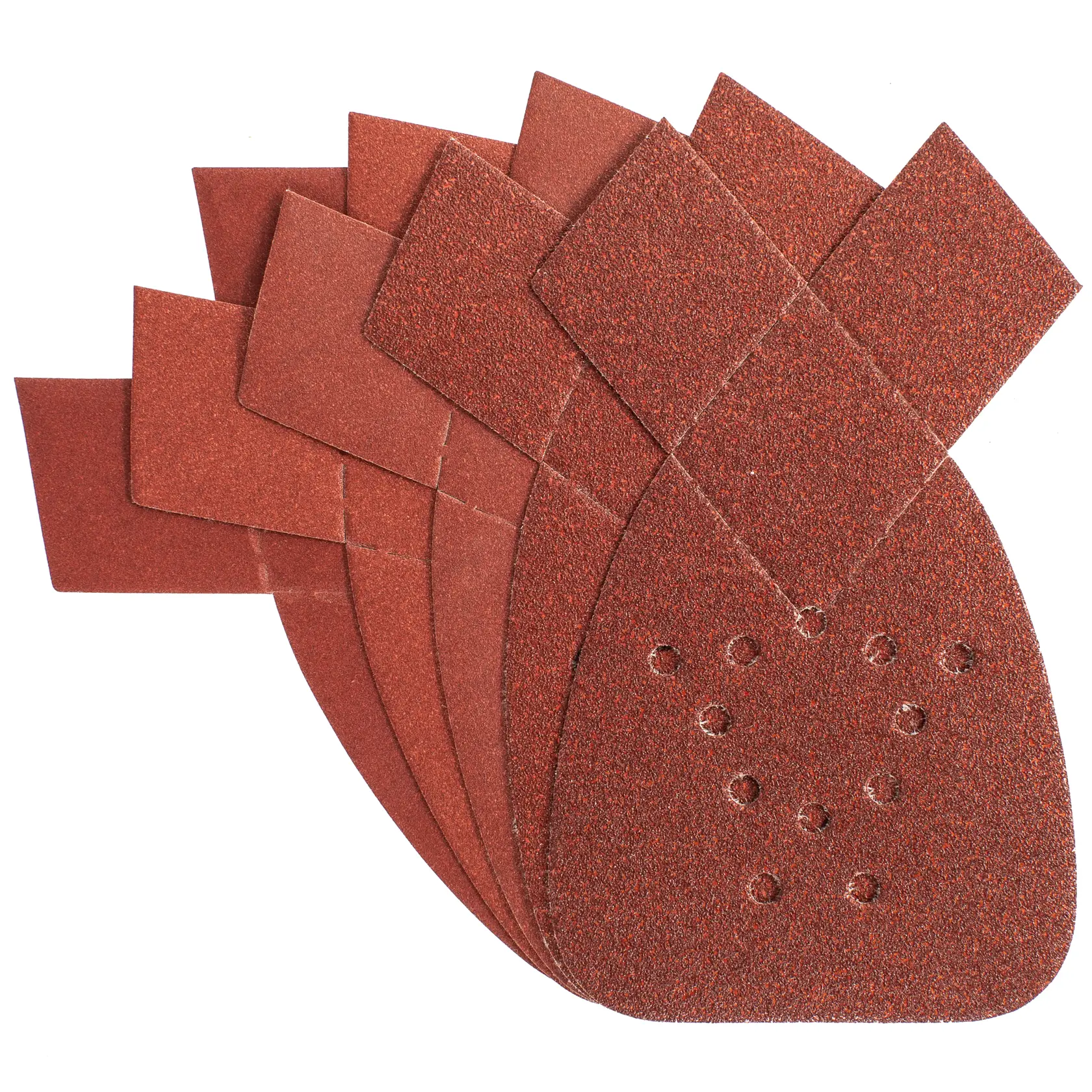 STANLEY STA31024 Schleifpapiersatz, braune Schleifpads mit Belüftungslöchern, Produktfotografie, Draufsicht.