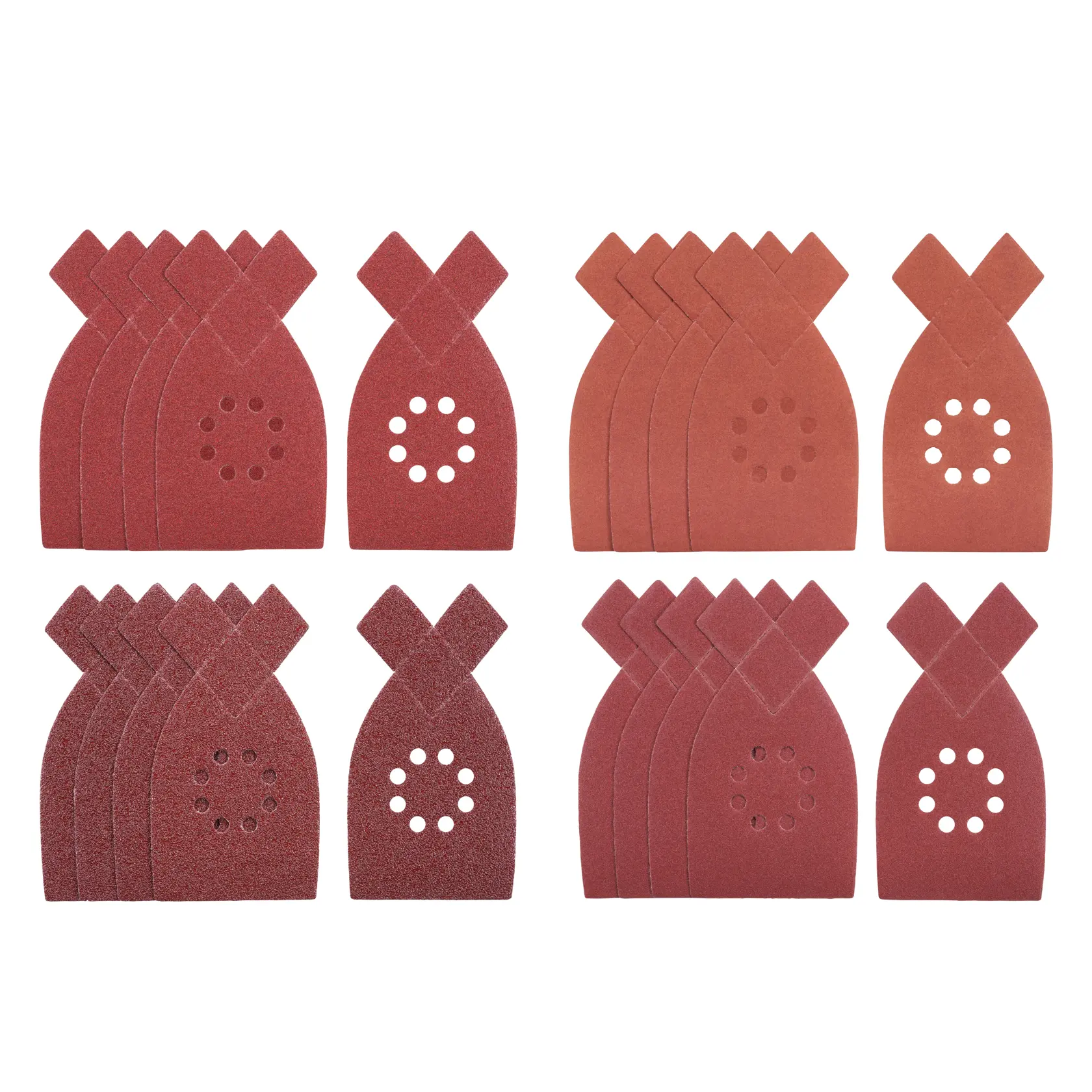 STANLEY STA32452 Mehrfachpack Schleifblätter, rot, verschiedene Körnungen, Draufsicht auf weißem Hintergrund.