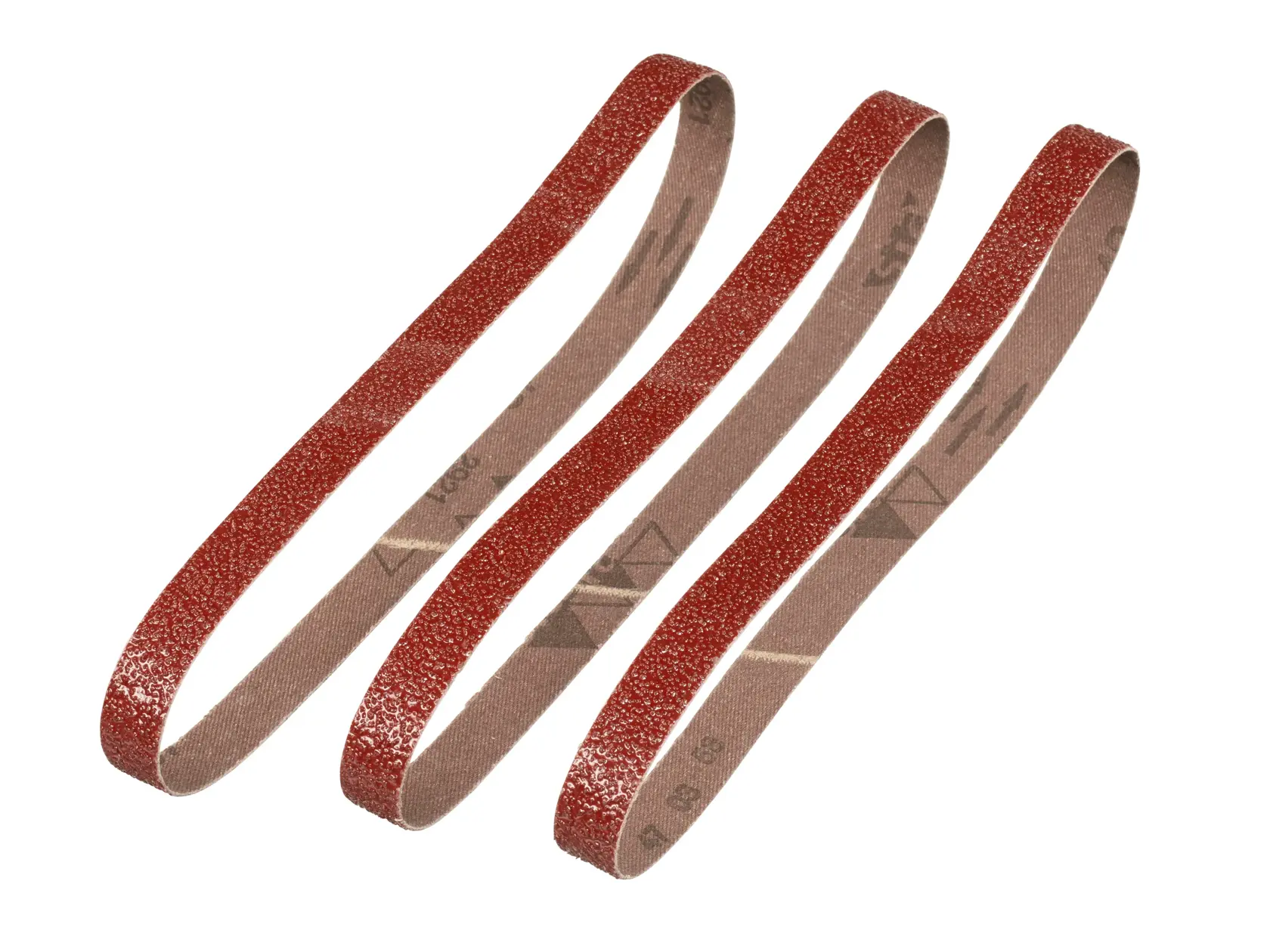 STANLEY STA33376 Schleifband-Set, drei rote Schleifbänder, Produktfoto, schräge Ansicht auf weißem Hintergrund.