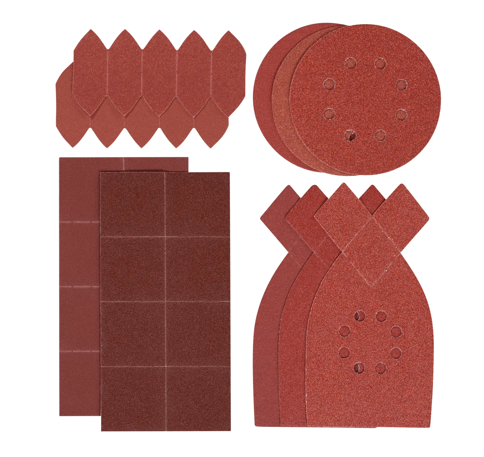 STANLEY STA37095 Sortiment Schleifpapierblätter in verschiedenen Formen und Größen, Draufsicht auf weißem Hintergrund.