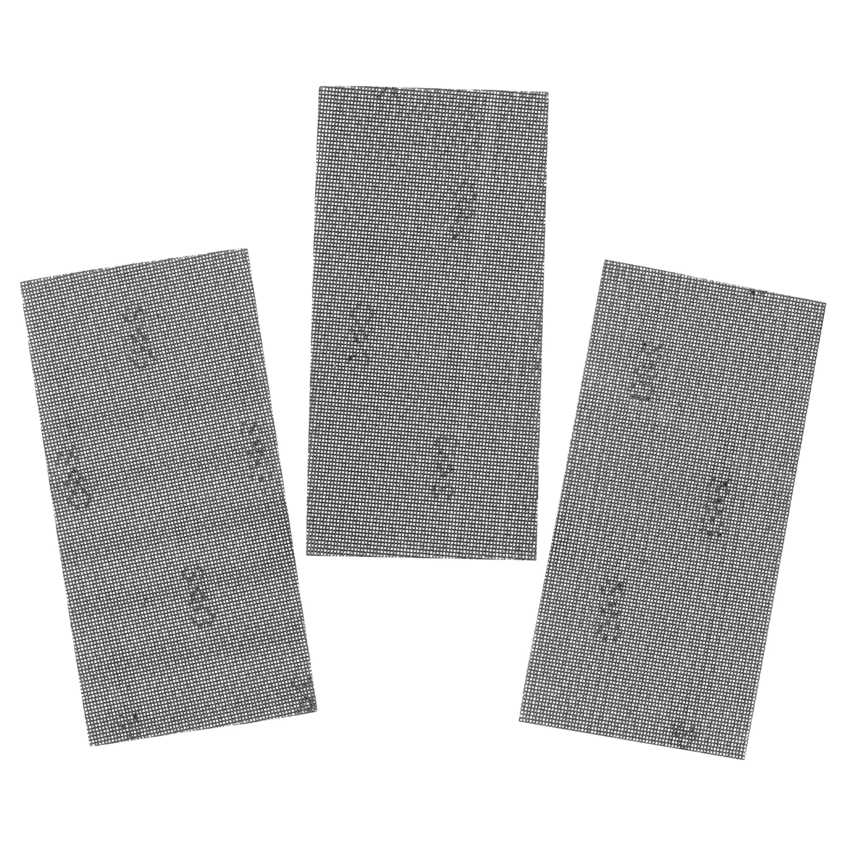 STANLEY STA39042 Pack mit drei rechteckigen schwarzen Netz-Schleifblättern, Draufsicht auf weißem Hintergrund.