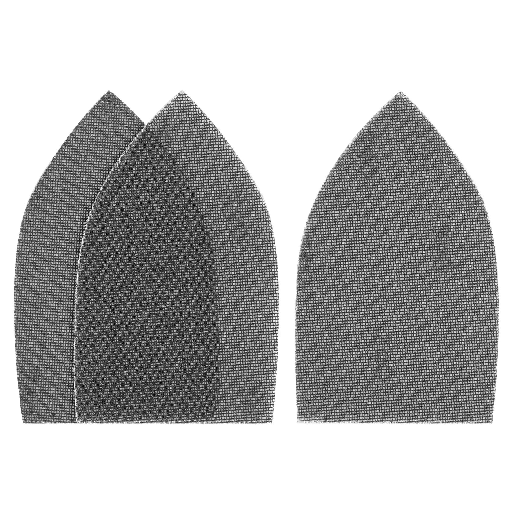 STANLEY STA39102 Set mit drei dreieckigen Schleifgittern, feine Körnung, Draufsicht auf weißem Hintergrund.