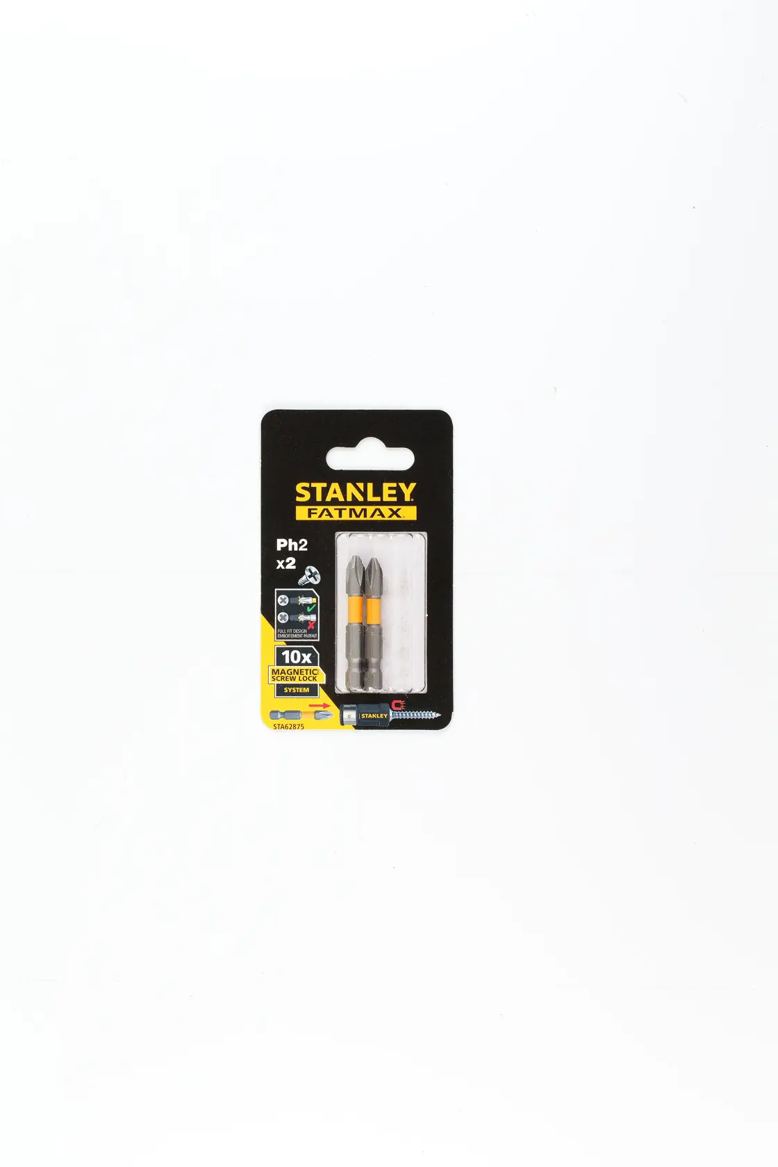 STANLEY STA62875 packaging with two silver and yellow screwdriver bits, front angle, white background.