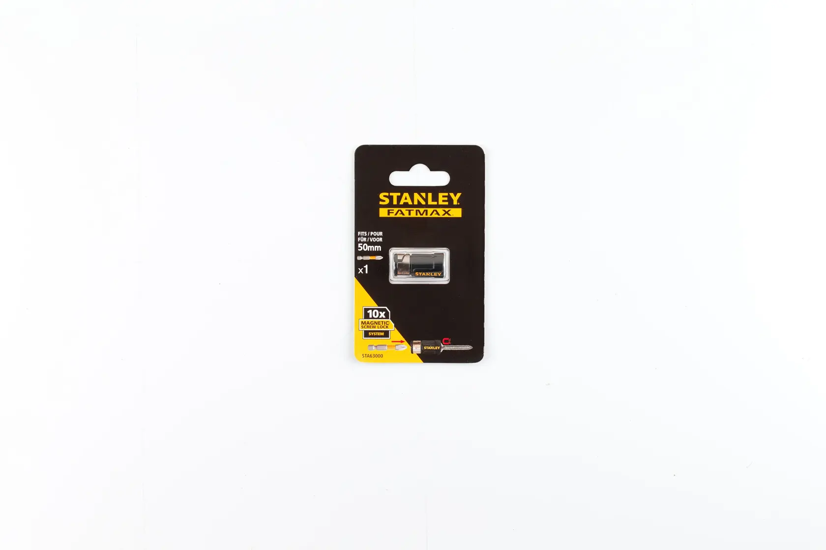 Foto des STANLEY STA63000 FATMAX 50mm Bits in schwarzer und gelber Verpackung, Vorderansicht auf weißem Hintergrund.