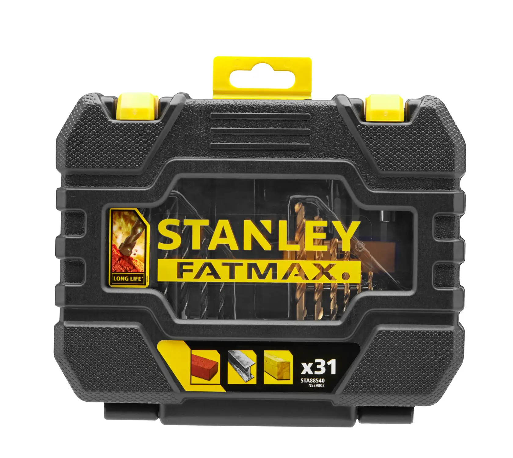 Stanley FatMax 31-teiliges Bohrerset in einem schwarzen und gelben Hartschalenkoffer.