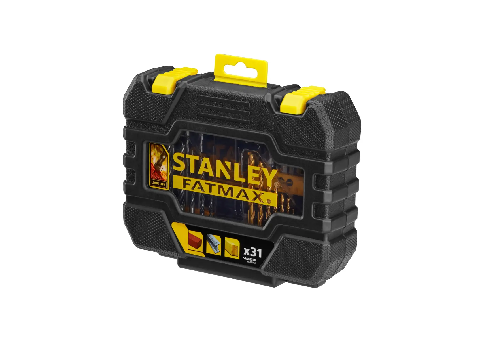 STANLEY STA88540 drill bit set in a rugged black and yellow case, photographed at a front angle.