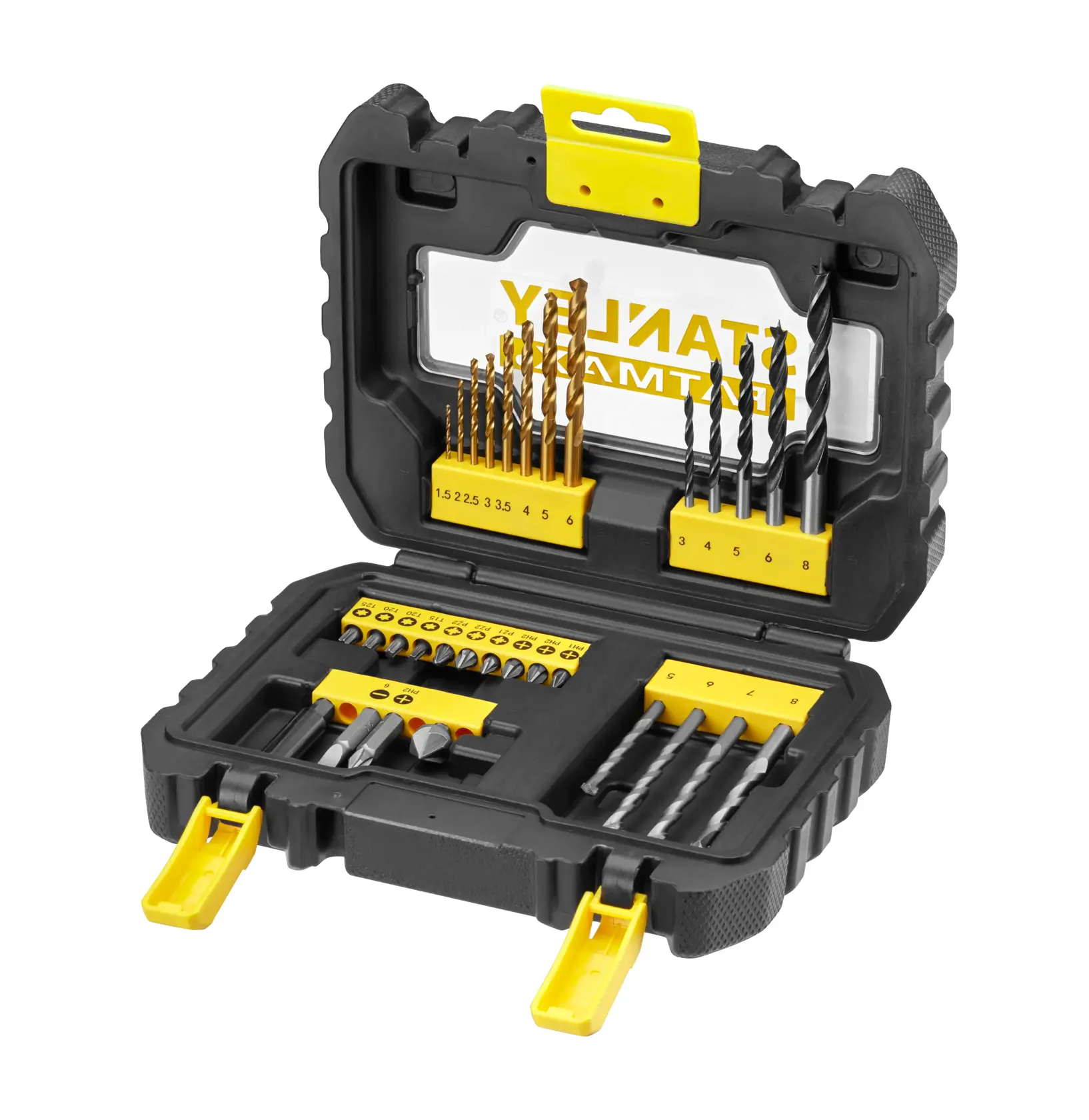 STANLEY STA88540 drill and bit set in black and yellow plastic case, open front angle.