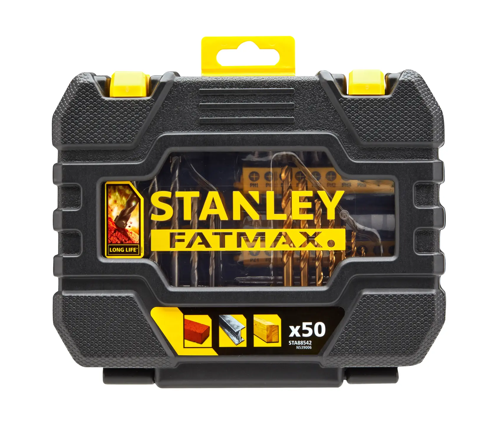 Stanley Fatmax Bohrerset in schwarzem und gelbem Koffer, 50 Teile für verschiedene Materialien.