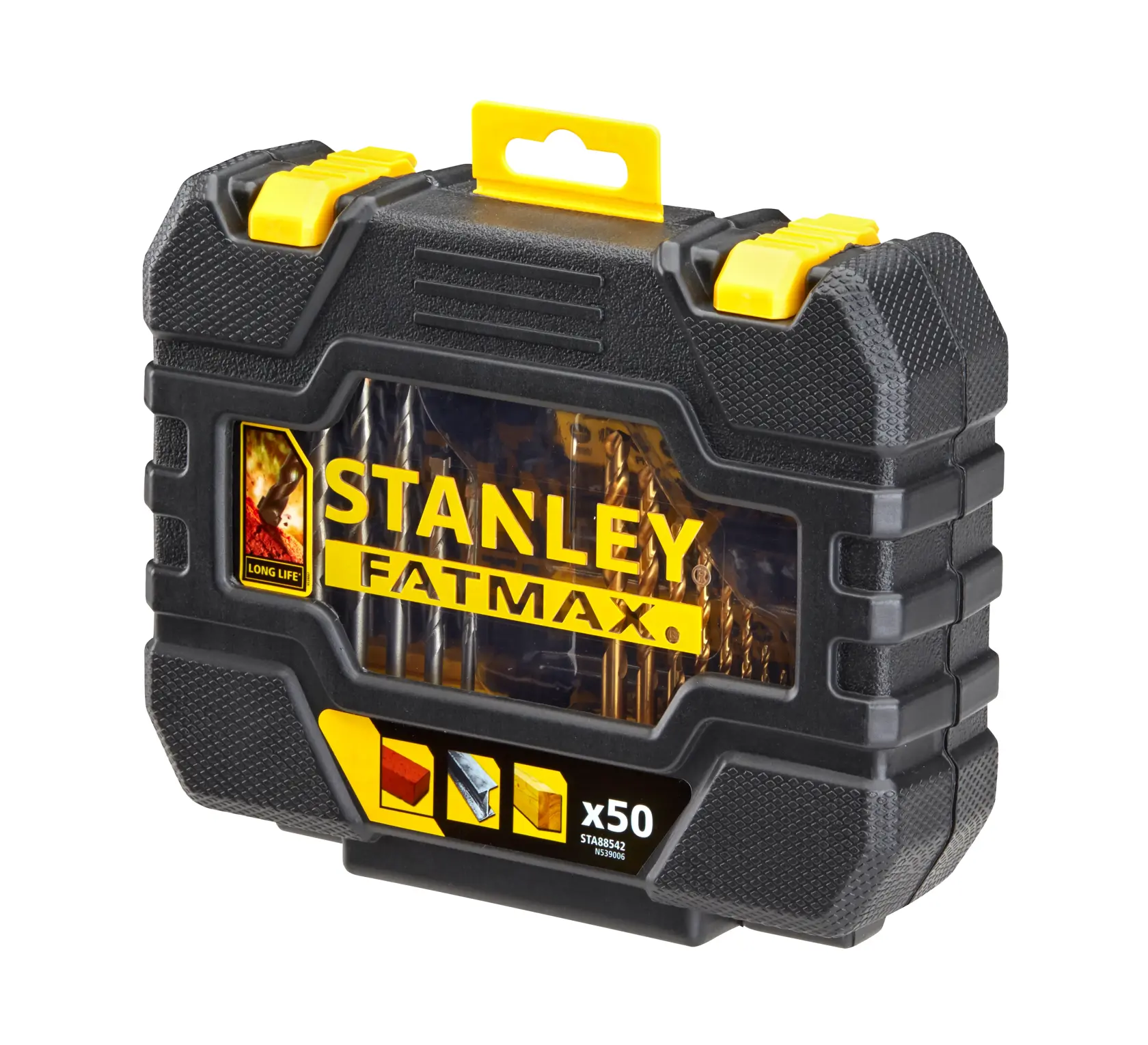 Photo of STANLEY STA88542 FATMAX drill bit set in black and yellow carrying case, angled view.