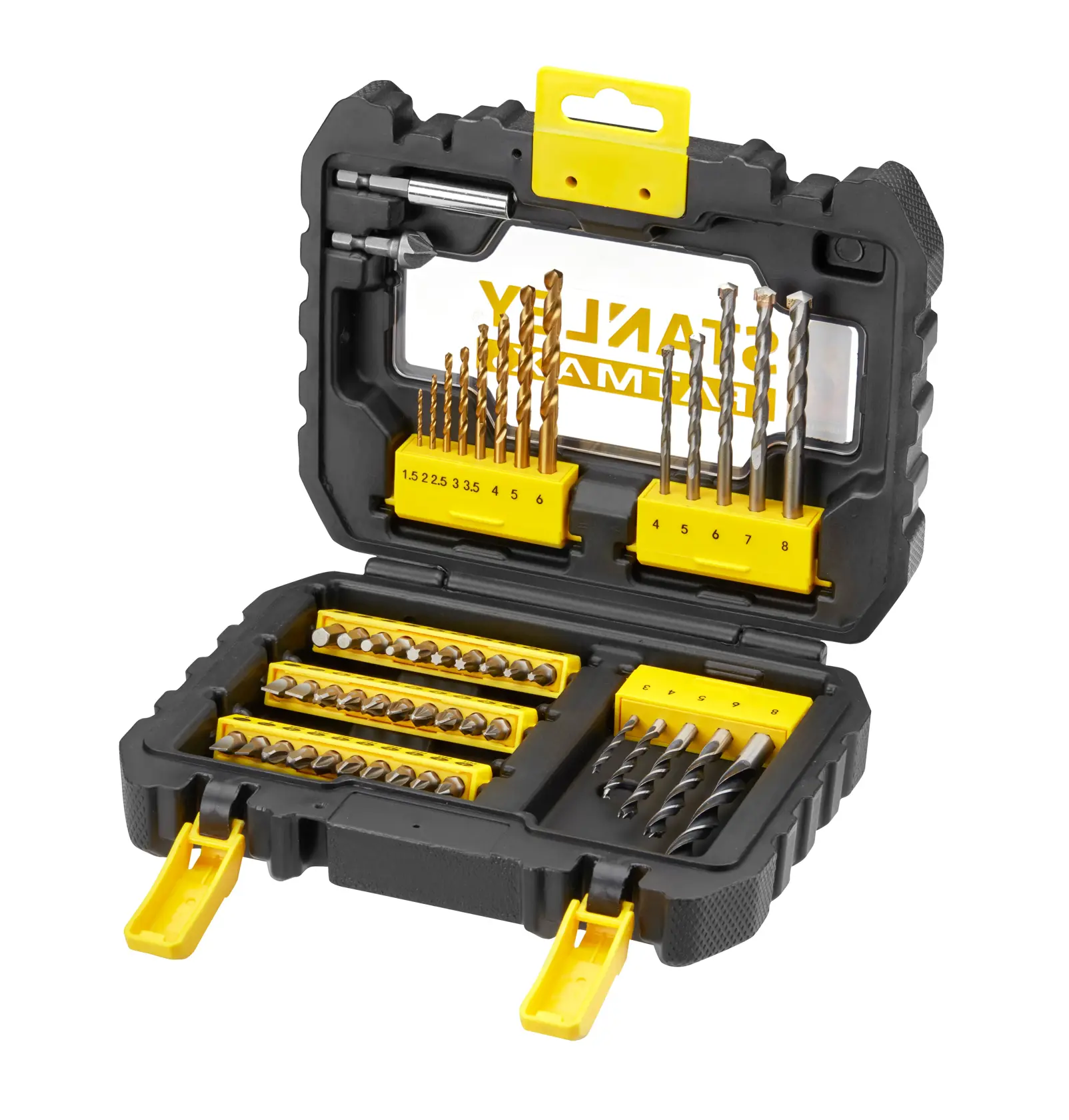 STANLEY STA88542 drill and screwdriver bit set in black and yellow hard case, open, showing assorted bits.
