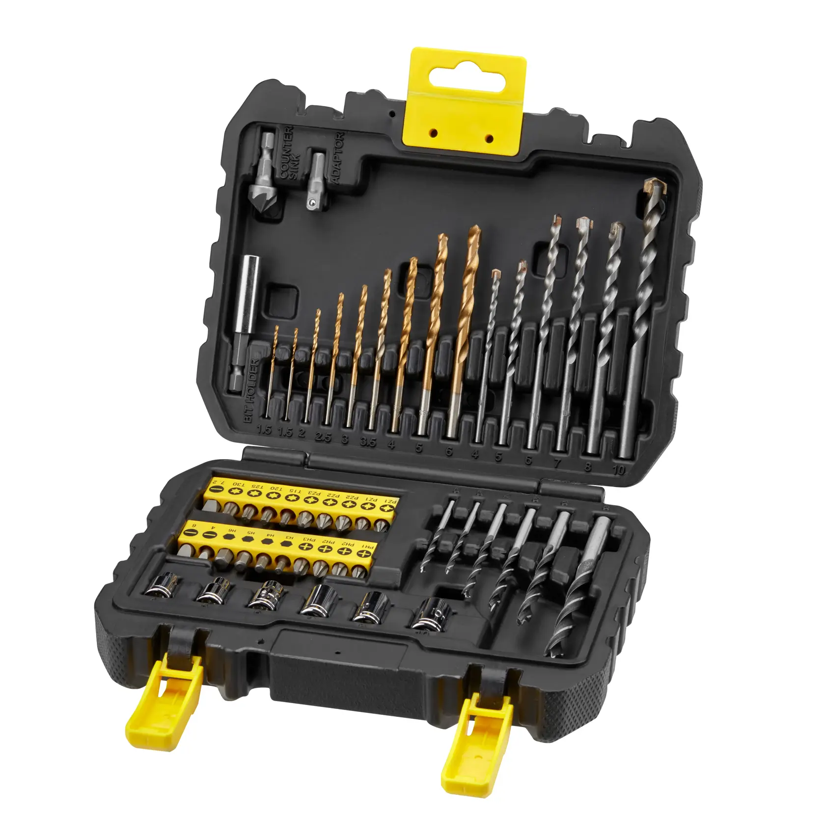 STANLEY STA88546 Bohrer- und Schrauberbitsatz in schwarzem Hartschalenkoffer mit gelben Verschlüssen, sortierte Bits innen.