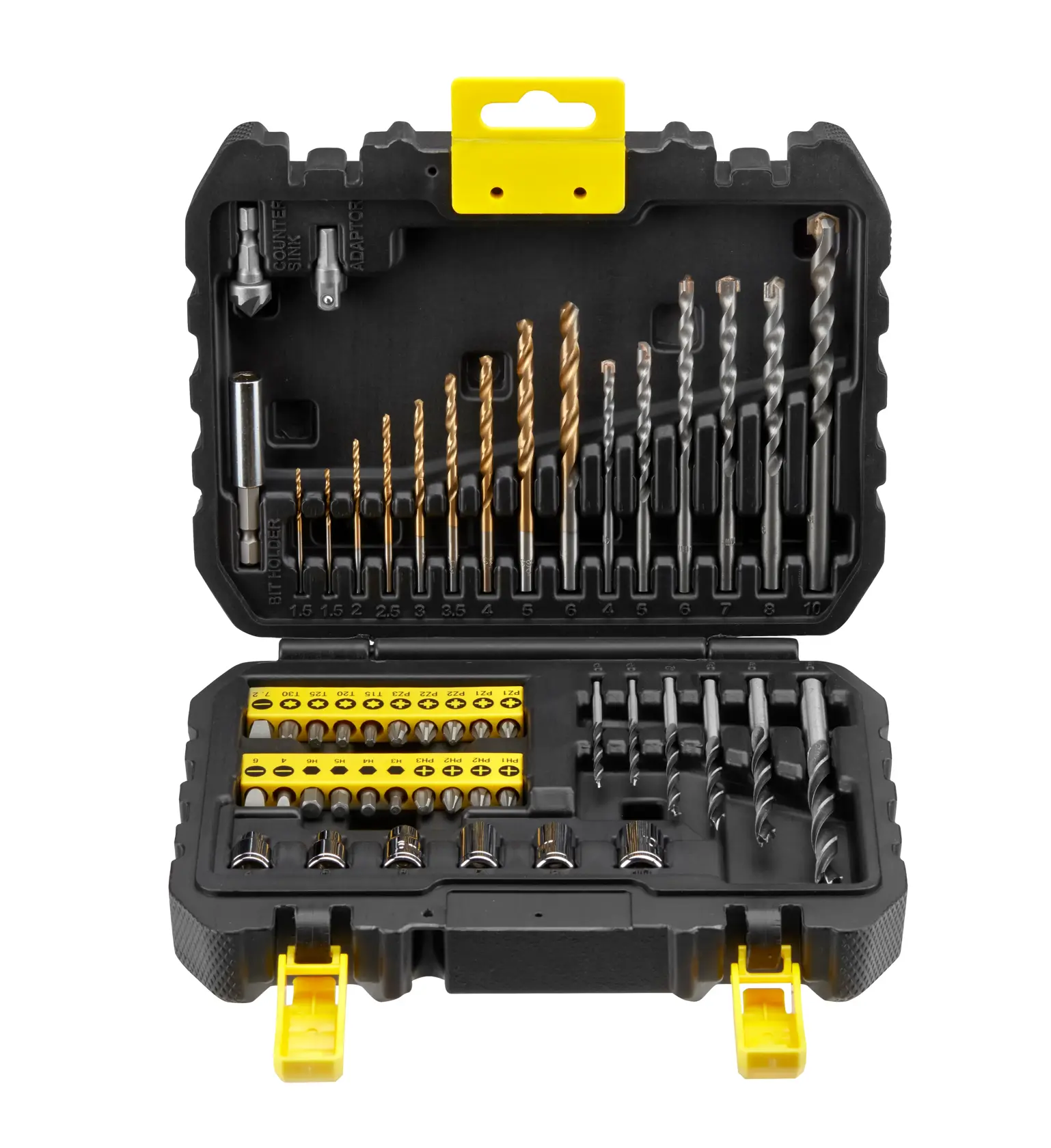 STANLEY STA88546 drill and screwdriver bit set in open black and yellow plastic case, assorted bits and sockets visible.