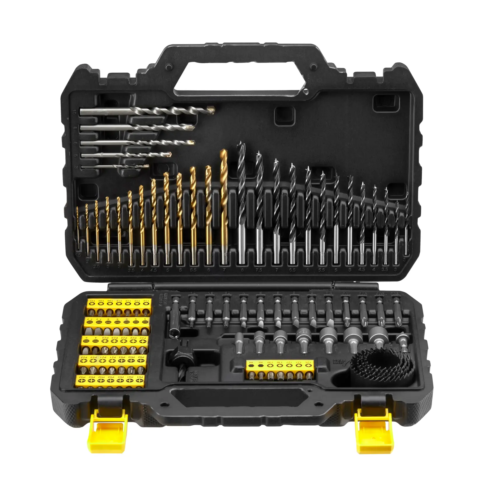 STANLEY STA88548 Bohr- und Schrauberbit-Set, 100-teiliges Titan-Set in schwarzem Hartkoffer, Vorderansicht.