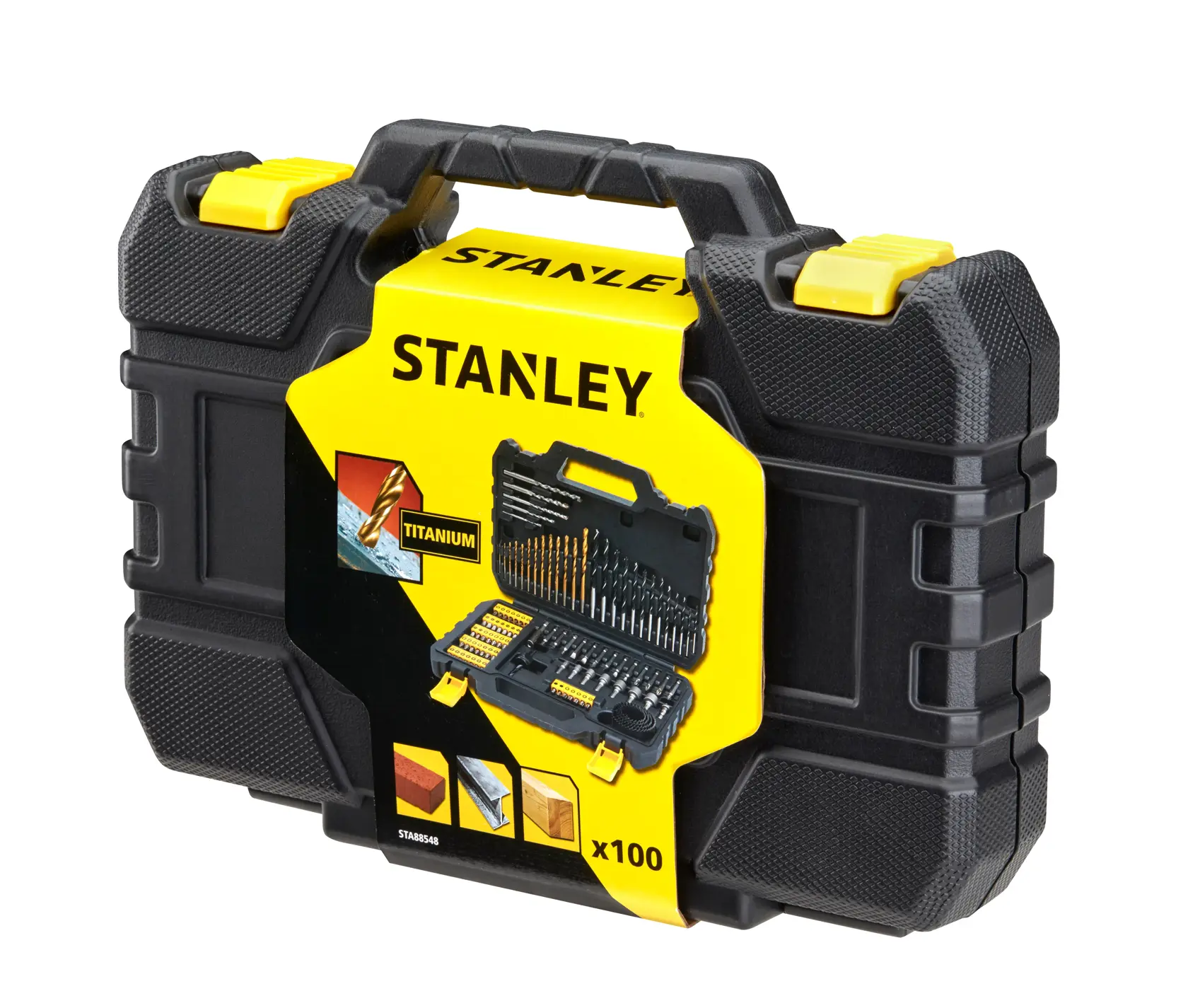 STANLEY STA88548 titanium drill and bit set in black and yellow hard case, photography angled view.