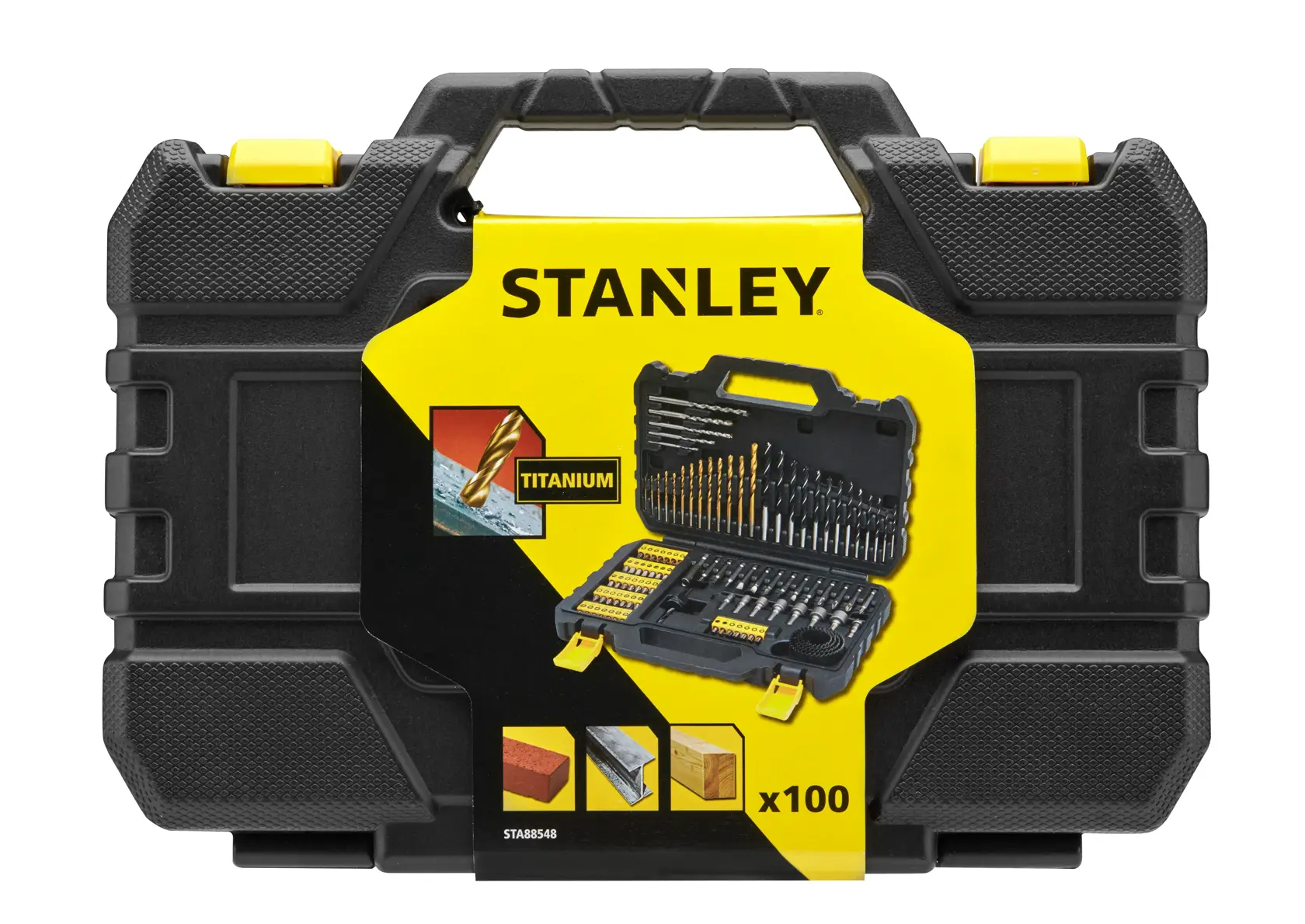 STANLEY STA88548 drill and screwdriver bit set, 100-piece titanium set in a black hard case, front angle.