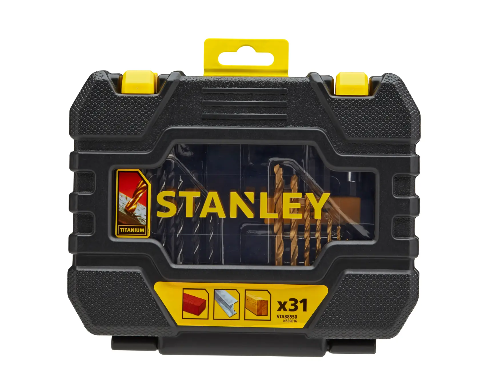 STANLEY STA88550 titanium drill bit set, 31 pieces, in a black and yellow hard case, front angle.