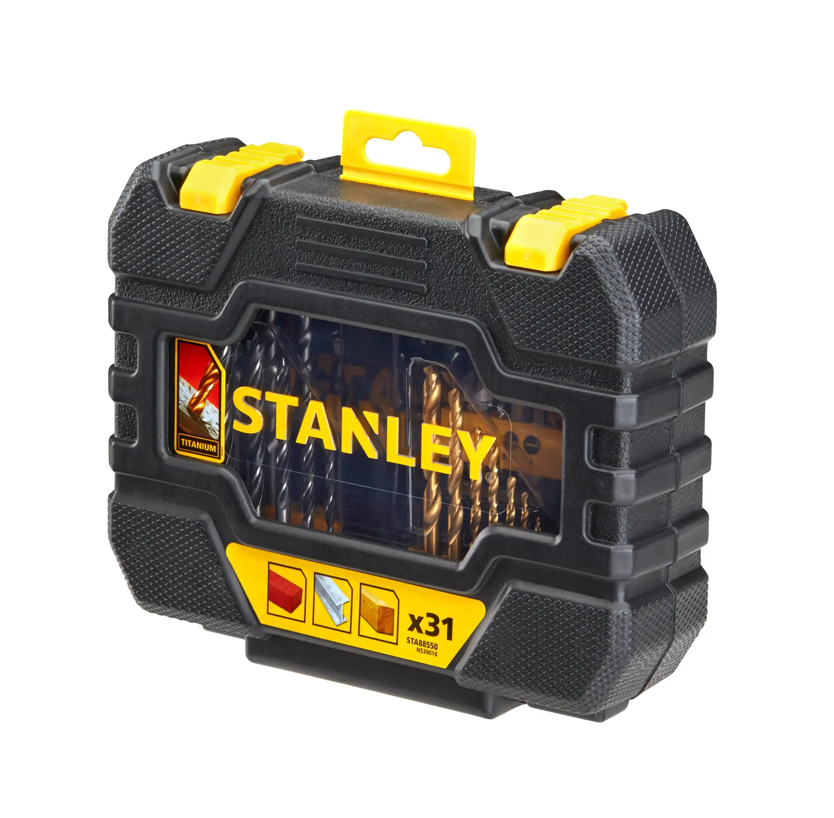 STANLEY STA88550 31-piece drill bit set in black and yellow hard case, angled view on white background.