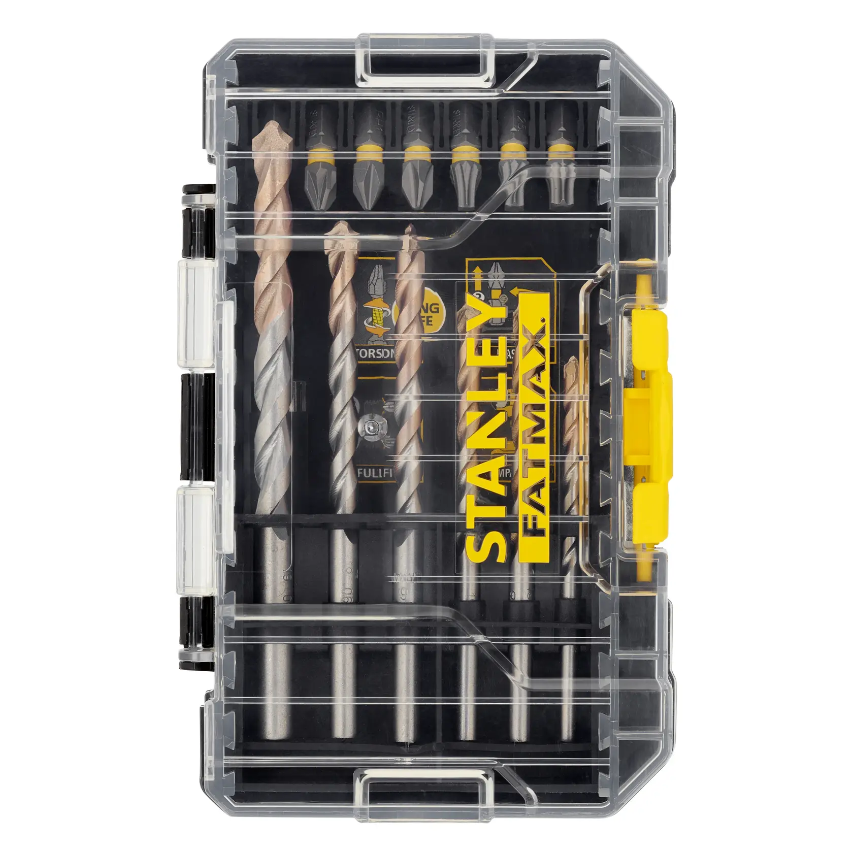 STANLEY STA88552-XJ Bohrer- und Schrauberbits-Set in durchsichtiger Kunststoffbox, Frontansicht.