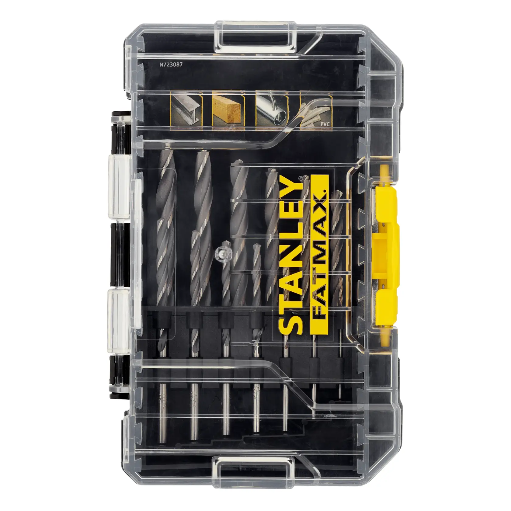 STANLEY STA88553 Bohrerset in klarer Kunststoffbox, Draufsicht, gelbes FATMAX Branding sichtbar.