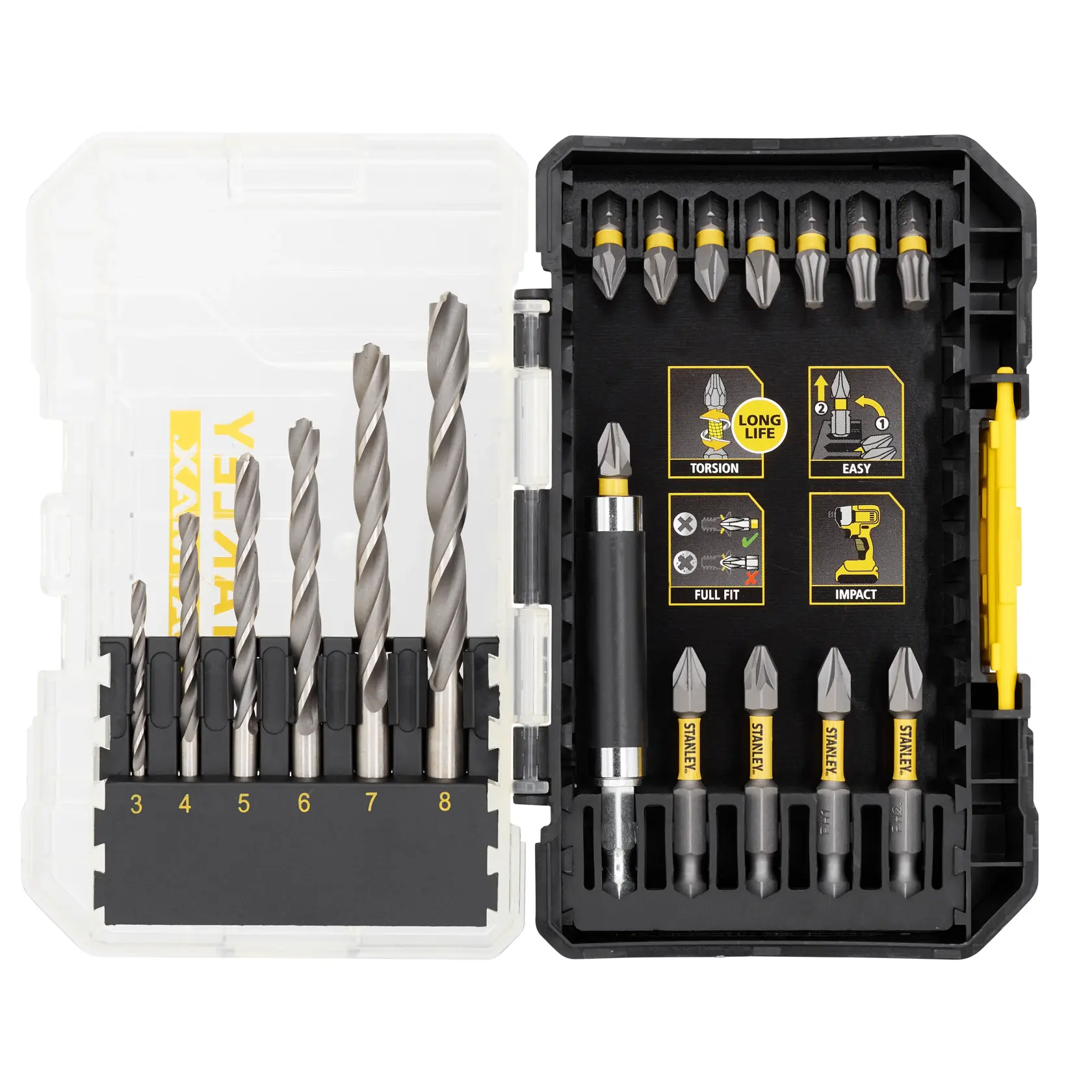 STANLEY STA88554-XJ Bohrer- und Bithalter-Set in schwarzem und transparentem Kunststoffkoffer, Draufsicht.