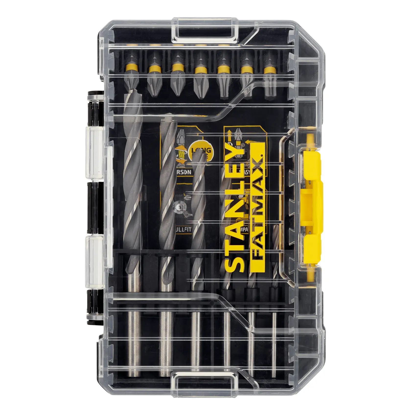 STANLEY STA88554-XJ Bohr- und Schrauberbits-Set in transparenter Kunststoffbox, Draufsicht, mit gelbem Verschluss.