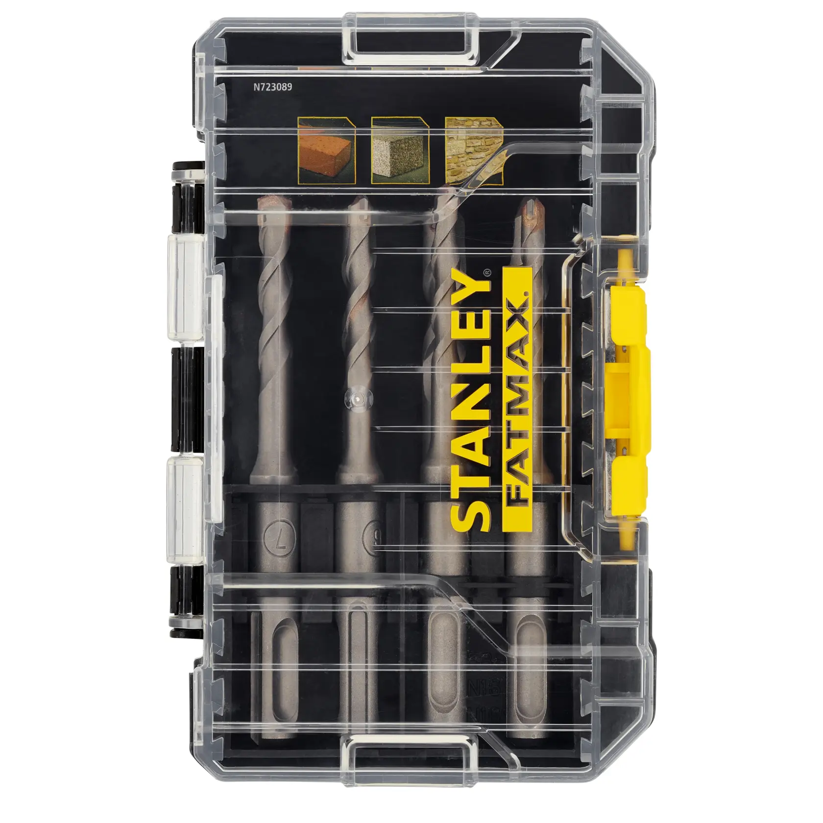 STANLEY STA88555 Bohrerset im klaren Kasten, drei SDS-Bohrer, gelber Verschluss, Frontansicht, FATMAX.