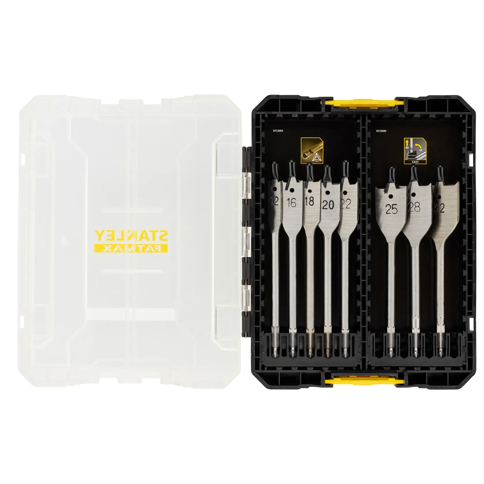 STANLEY STA88556 Flachfräsbohrer-Set mit sieben Metallbohrern in schwarzem und klarem Kunststoffkoffer, Draufsicht.