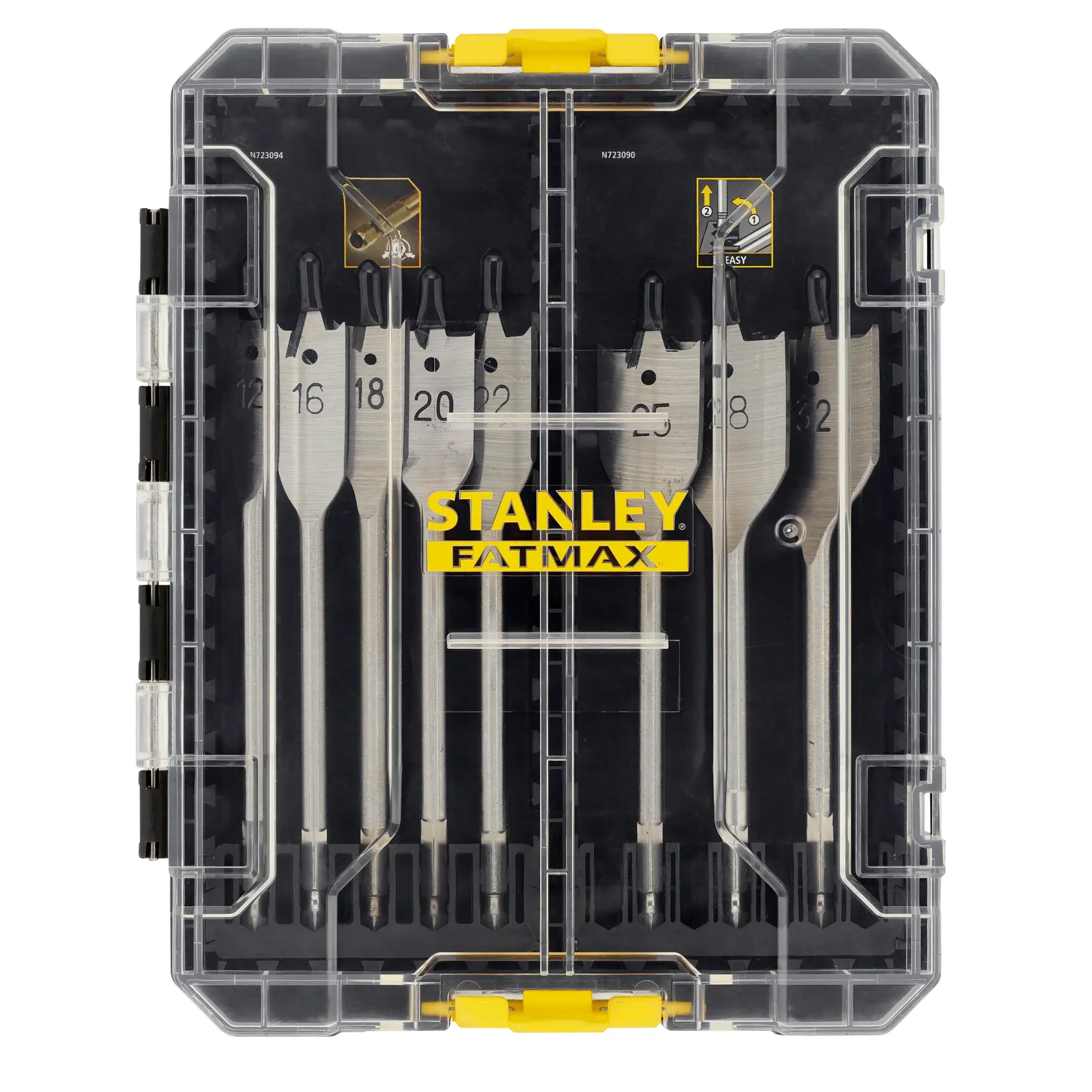 STANLEY STA88556 Flachbohrer-Set in transparenter Kunststoffbox mit gelbem Verschluss, Bohrer nach Größe sortiert.