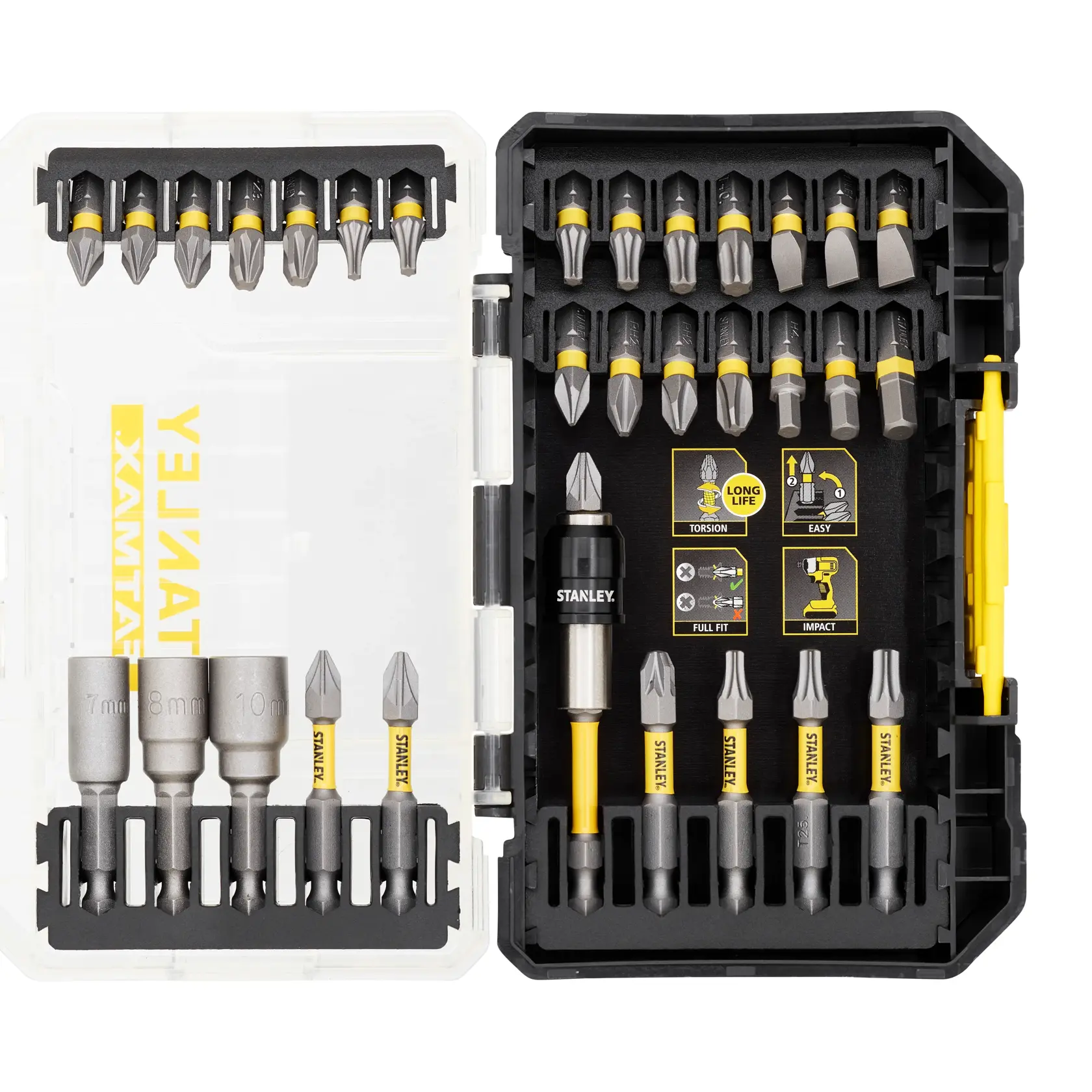 STANLEY STA88557 Schrauber-Bit-Set in schwarzem und gelbem Koffer mit 32 Bits und Stecknüssen, Aufnahme von oben.