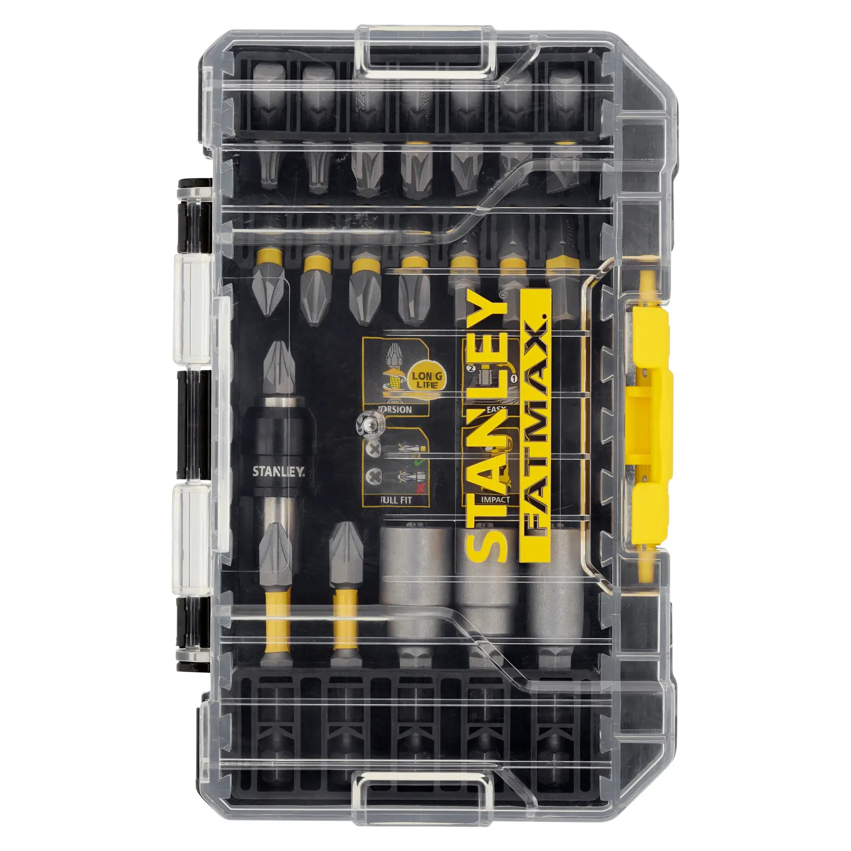 STANLEY STA88557 Bit-Set im transparenten Kasten, Draufsicht. Enthält verschiedene Bits und Halter, FATMAX.