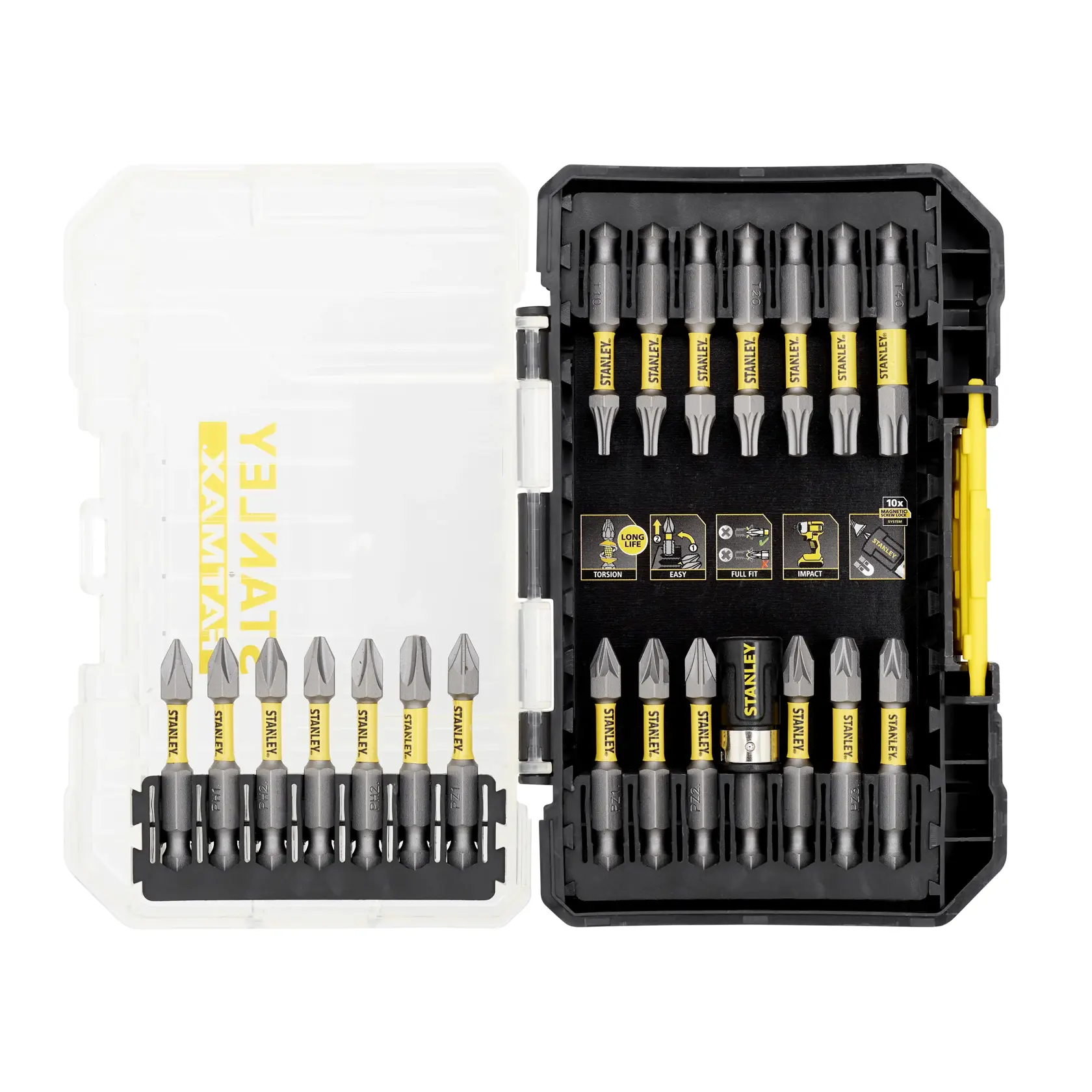 STANLEY STA88558 Schrauber-Bit-Set in geöffnetem gelb-schwarzem Kunststoffkoffer, sortierte Bits innen, Draufsicht.