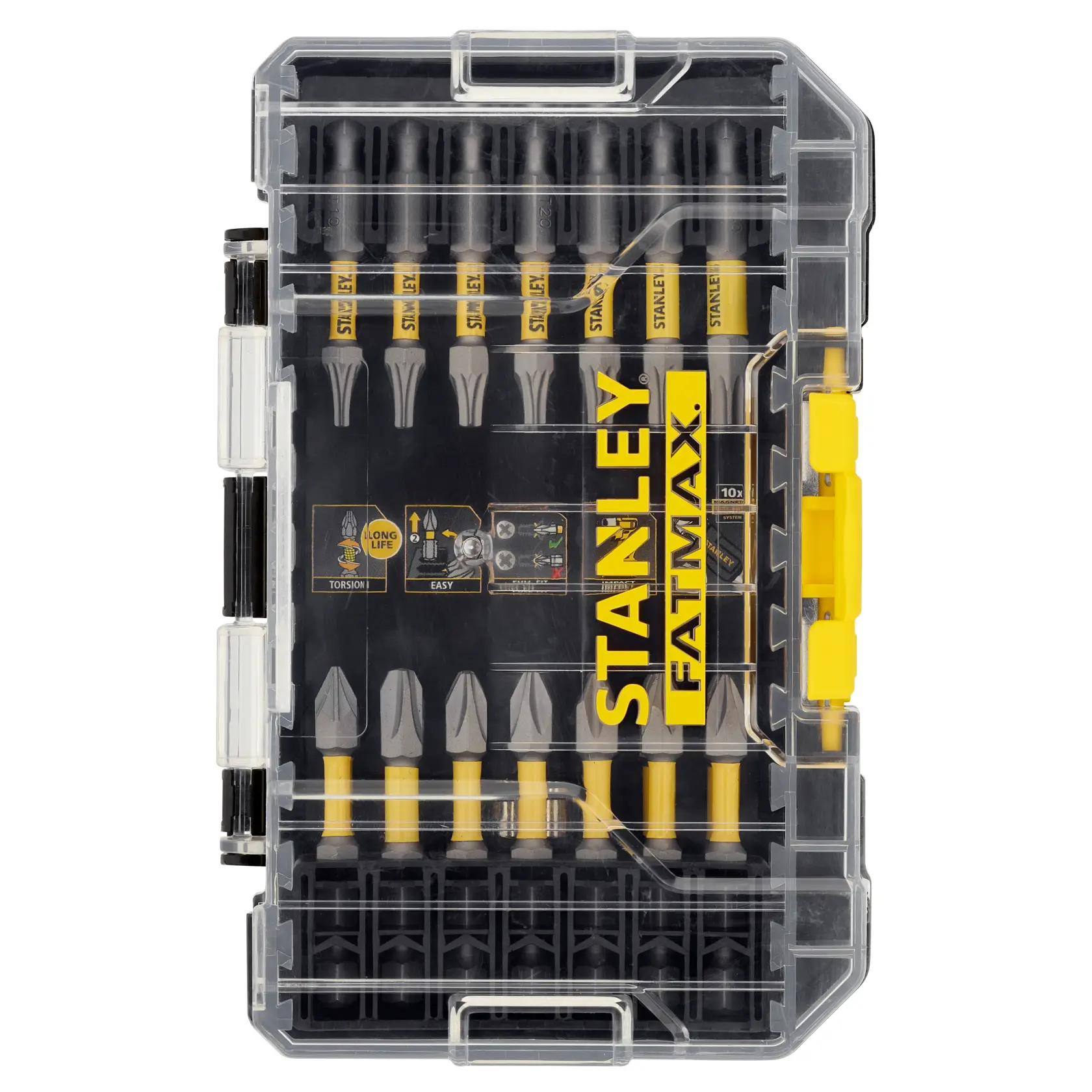 STANLEY STA88558 Schrauber-Bit-Set in transparenter Kunststoffbox, Draufsicht mit mehreren gelben Bits.