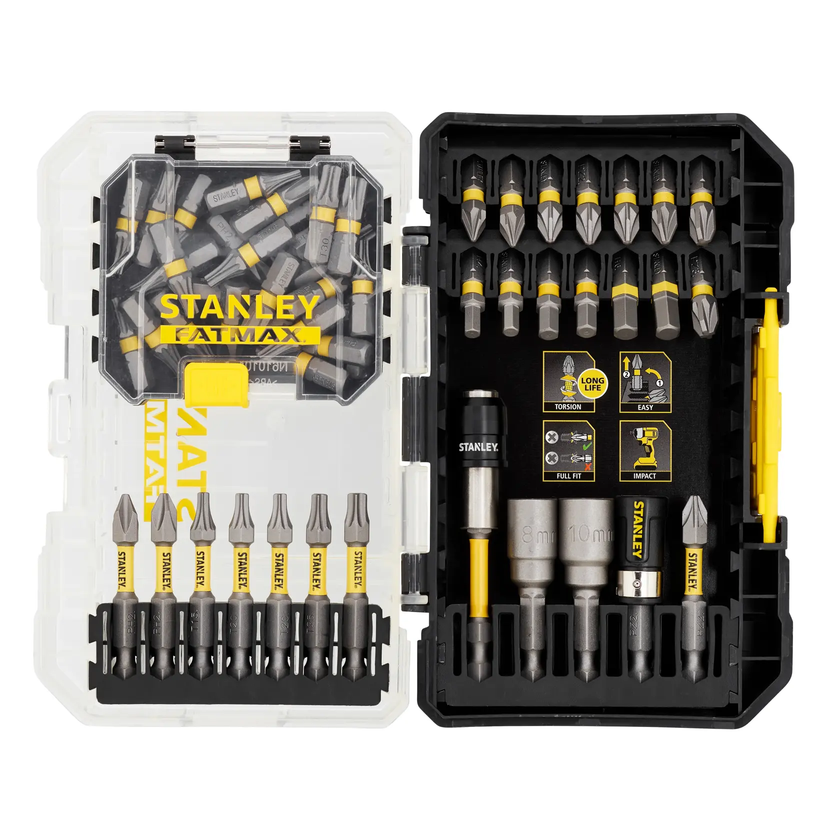 STANLEY STA88559-XJ Bit-Set mit verschiedenen Schrauberbits und Stecknüssen in geöffneter Kunststoffbox, Draufsicht.