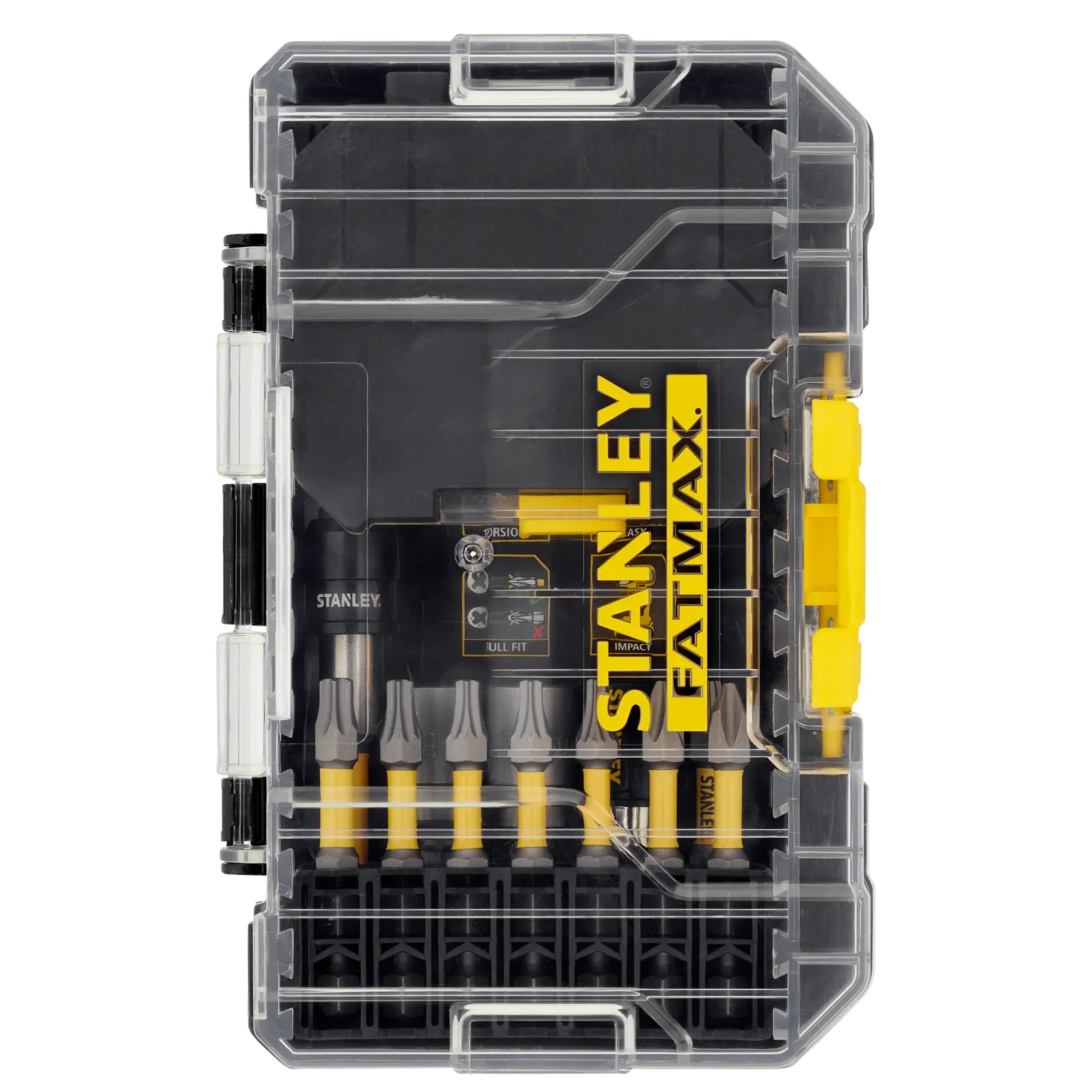 STANLEY STA88559-XJ Bit-Set mit gelben und schwarzen Bits in Klarsichtbox, Frontansicht.