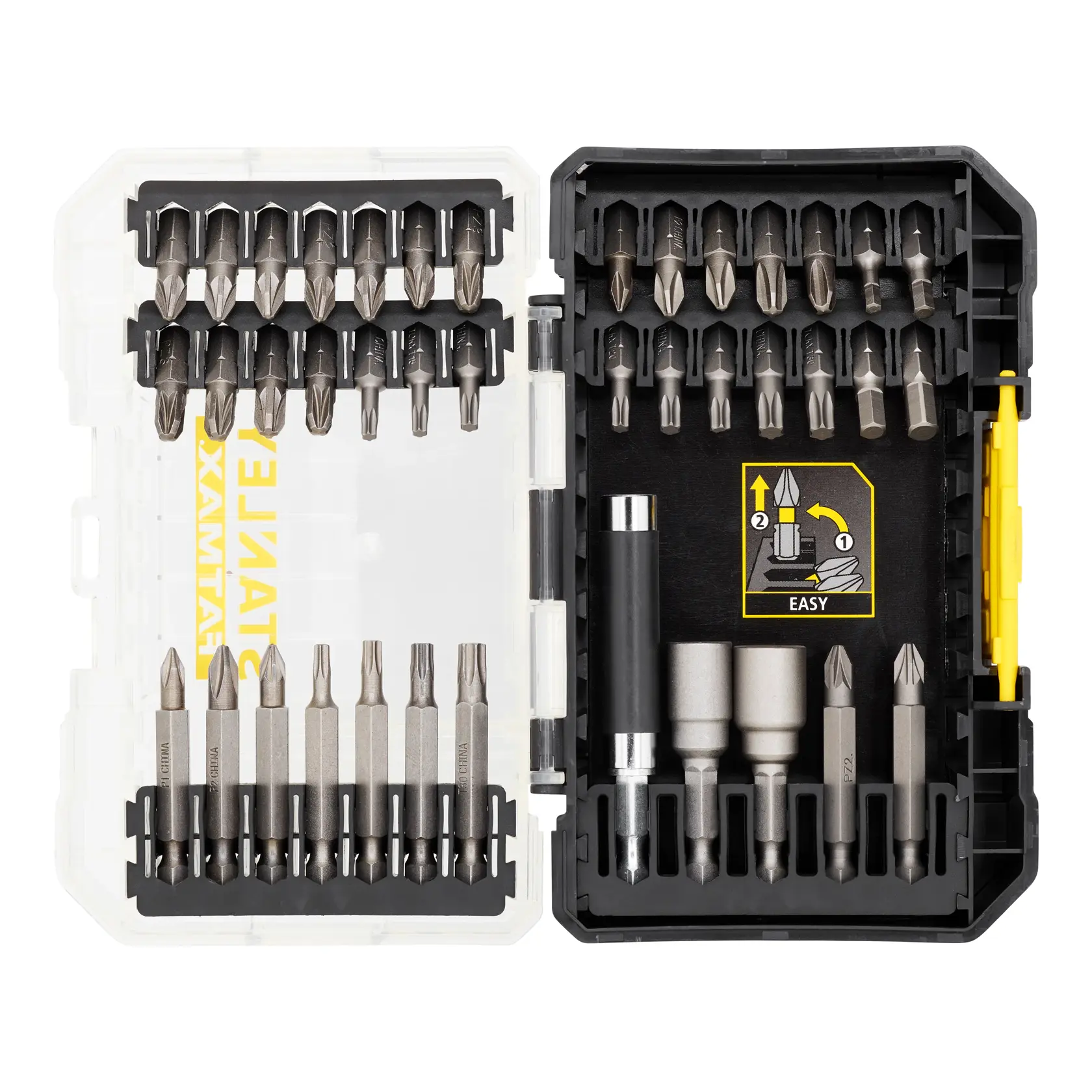 STANLEY STA88560 Schrauber-Bit-Set in Kunststoffbox, Draufsicht, verschiedene Bits und Halter enthalten.