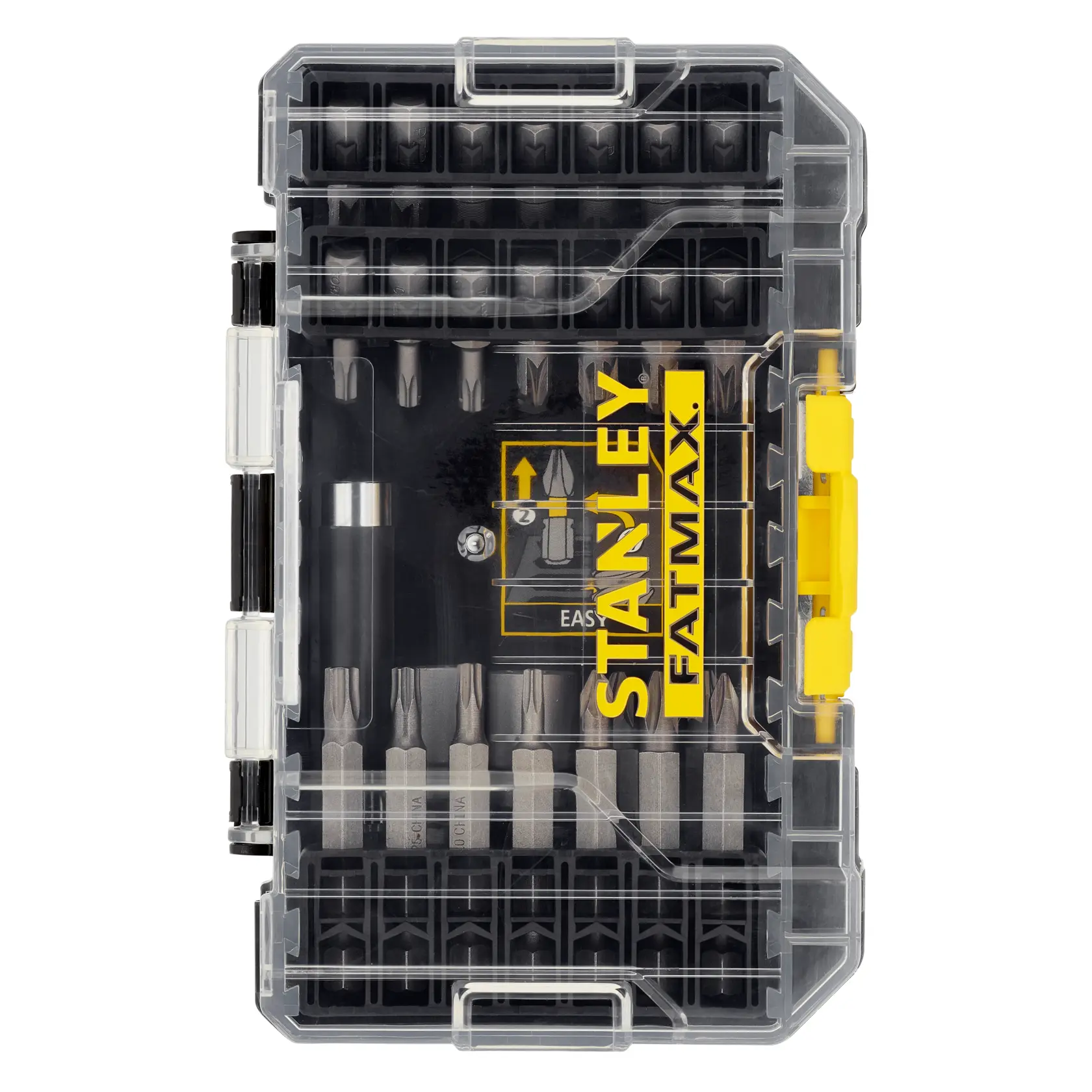 STANLEY STA88560 Schrauber-Bit-Set in transparenter Kunststoffbox, Vorderansicht, gelber Verschluss, FATMAX Branding.