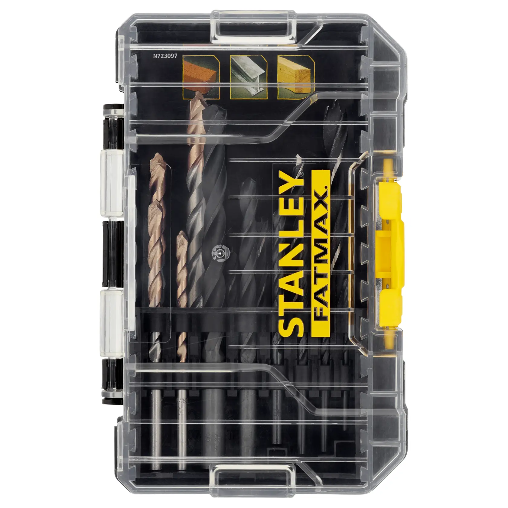 STANLEY STA88561 Bohrerset im transparenten Kunststoffkoffer, FATMAX-Beschriftung, Vorderansicht auf weißem Hintergrund.