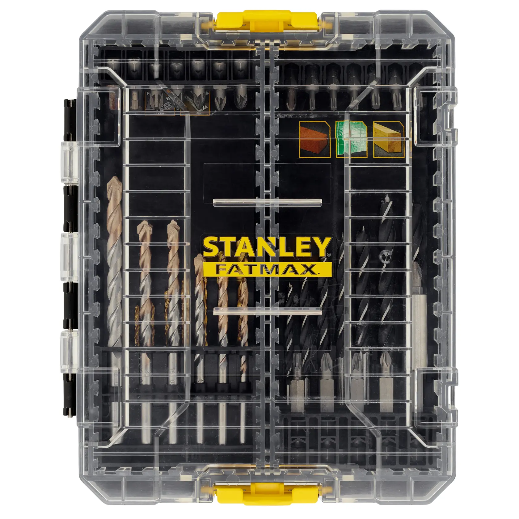 STANLEY STA88563 Bohrerset in transparenter Kunststoffbox, Draufsicht mit sortierten Bohrern.