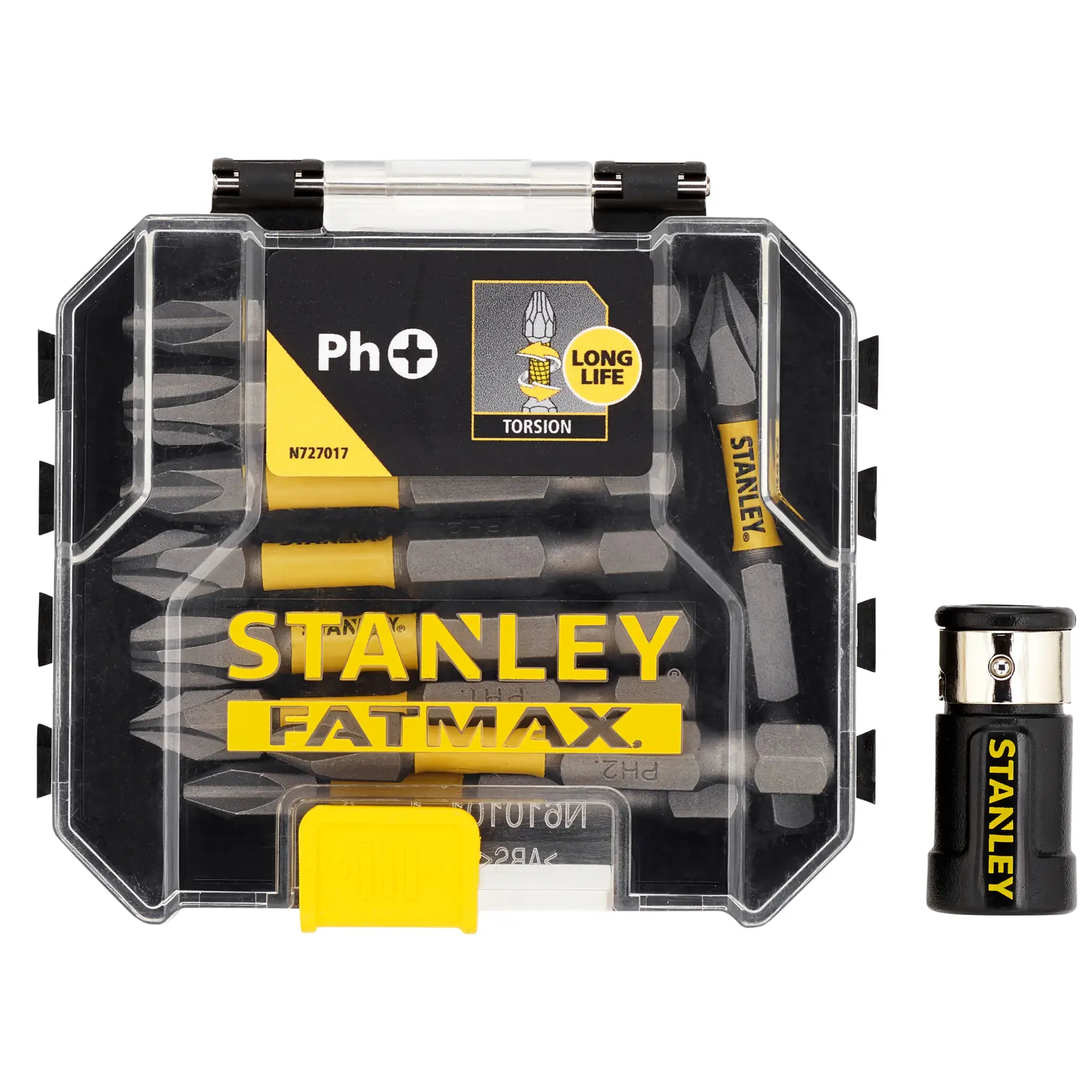 STANLEY STA88564 FATMAX Schrauber-Bit-Set in transparenter Kunststoffbox mit gelbem Verschluss, von vorne fotografiert.