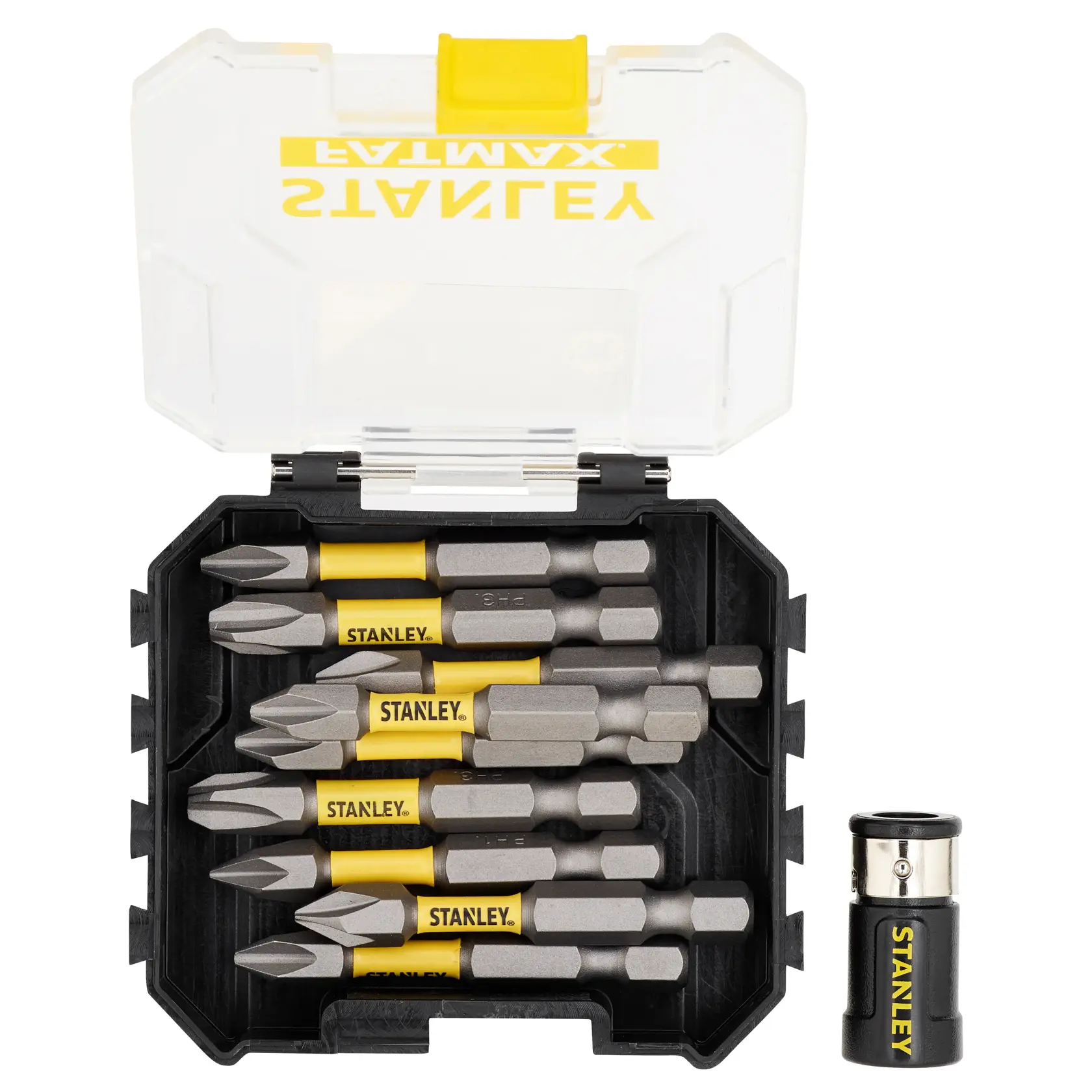 Stanley STA88564 Schrauber-Bit-Set in schwarzem und gelbem Kasten, Foto von oben mit Bits und Adapter sichtbar.