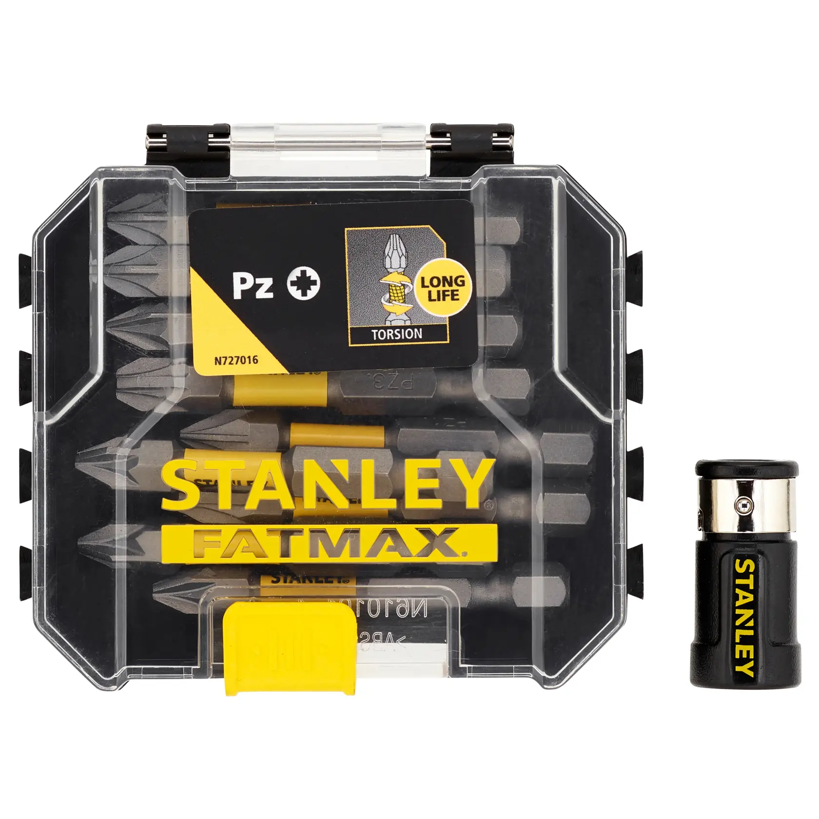 STANLEY STA88565 Schrauber-Bit-Set mit transparentem Gehäuse und Bit-Halter, Frontansicht-Foto.