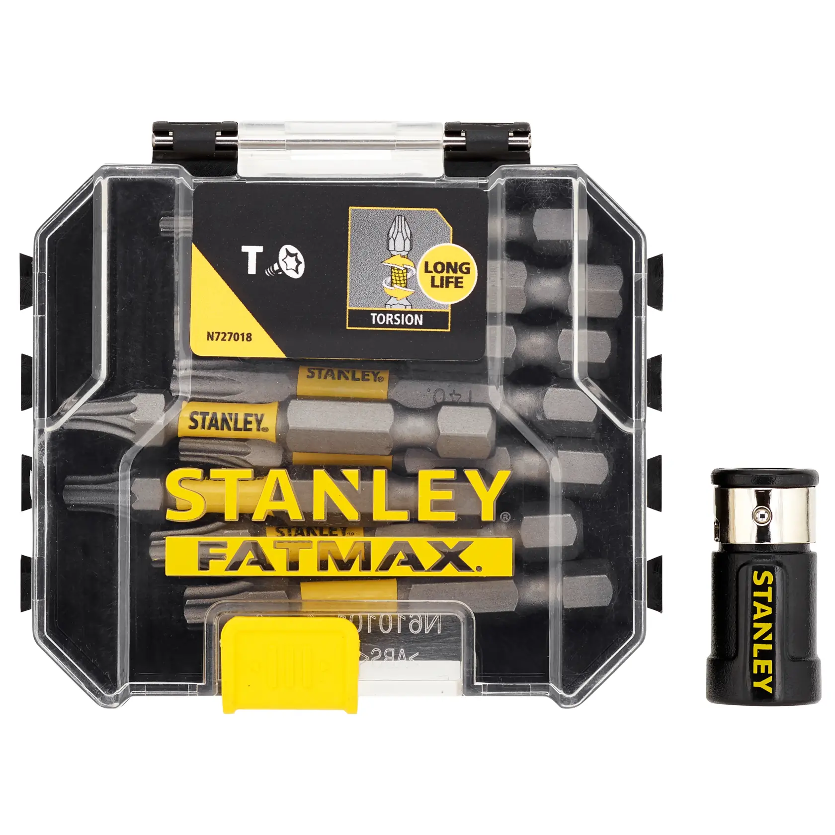 Foto des STANLEY FATMAX Torx-Bit-Sets SKU STA88566 in transparenter Kunststoffbox mit gelben Akzenten und Bit-Halter, Vorderansicht.