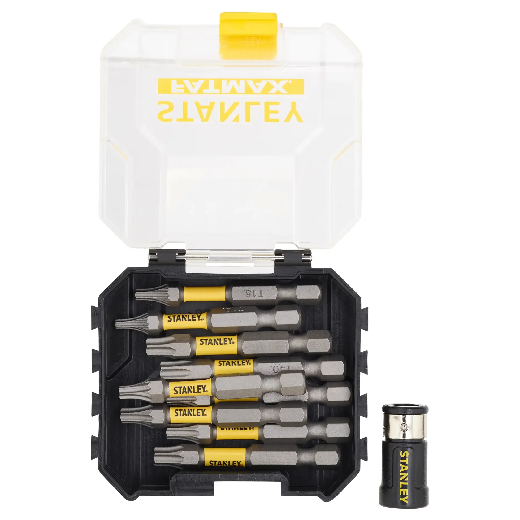 Foto vom STANLEY STA88566 Bit-Set mit gelb-schwarzen Schrauberbits und schwarzem Kasten, aus Vogelperspektive.