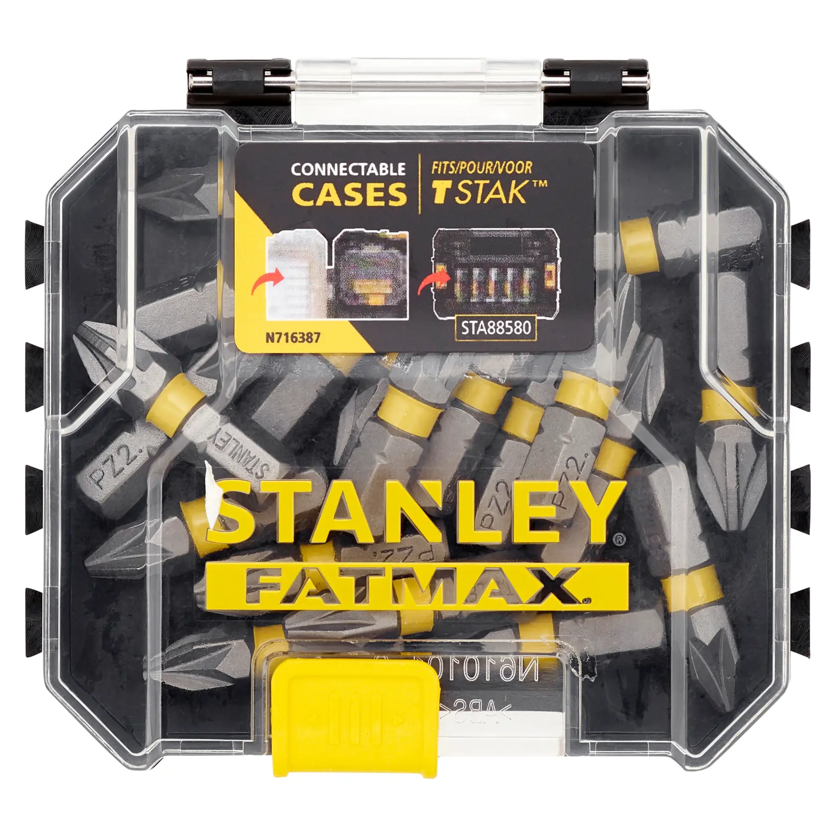 STANLEY STA88568 FATMAX Bit-Set in transparenter Box, Foto von Frontansicht mit gelbem Verschluss.