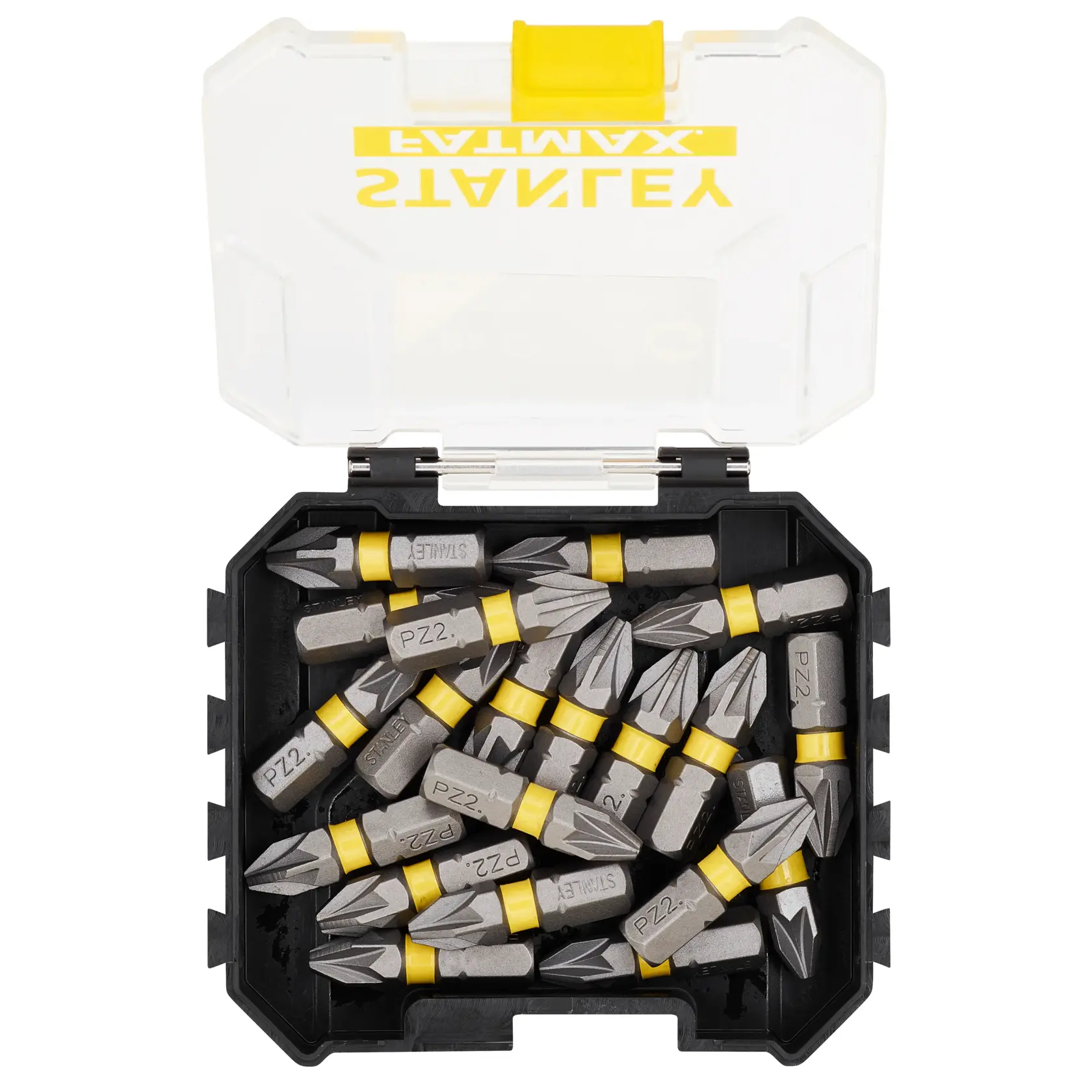 STANLEY STA88568 Schrauberbits-Set im schwarzen Kasten, Foto von oben mit durchsichtigem Deckel.