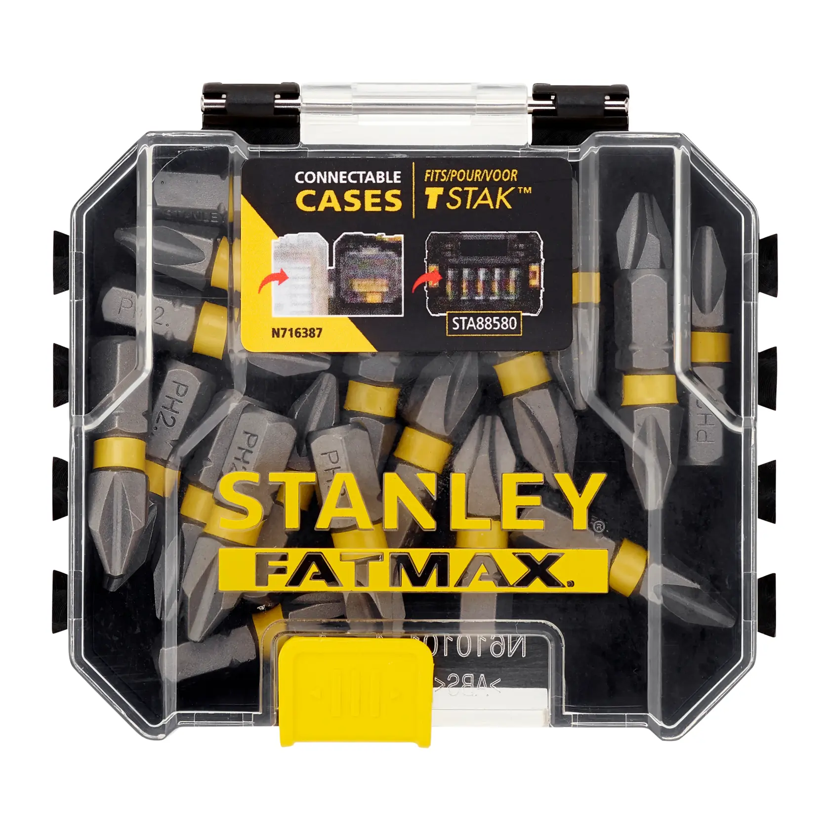 STANLEY STA88569 Schrauberbits-Set in klarem FATMAX-Koffer mit gelbem Verschluss, Ansicht von oben.